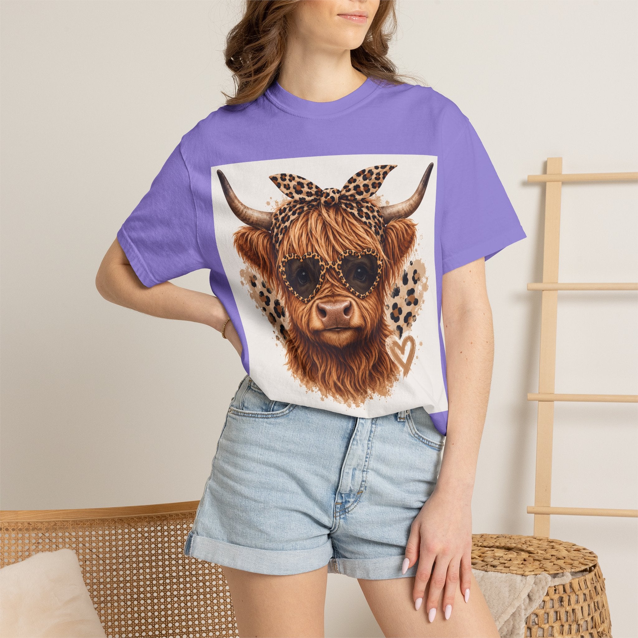 Highland Cow Graphic T-Shirt — Leopard Bandana & Heart Design