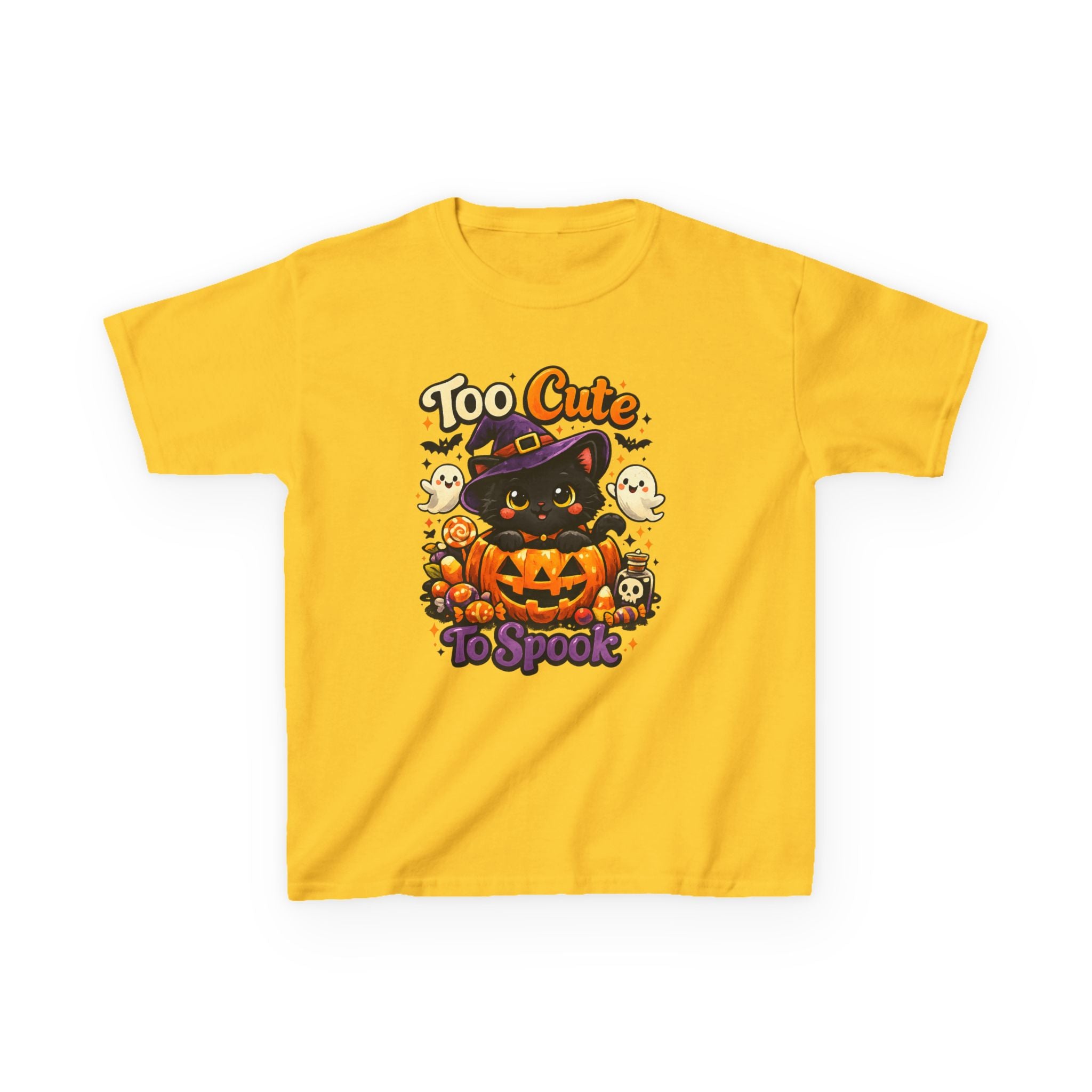 Kids Halloween Tee — "Too Cute to Spook" Black Cat Pumpkin Shirt
