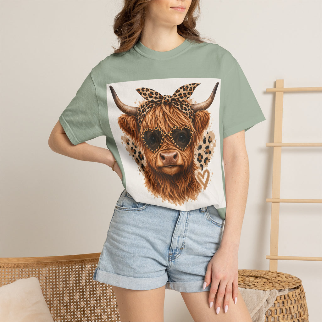 Highland Cow Graphic T-Shirt — Leopard Bandana & Heart Design