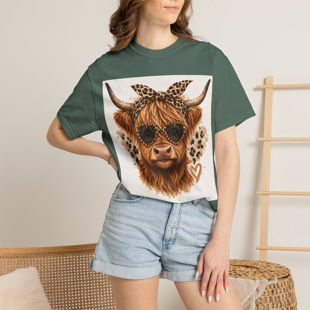Highland Cow Graphic T-Shirt — Leopard Bandana & Heart Design