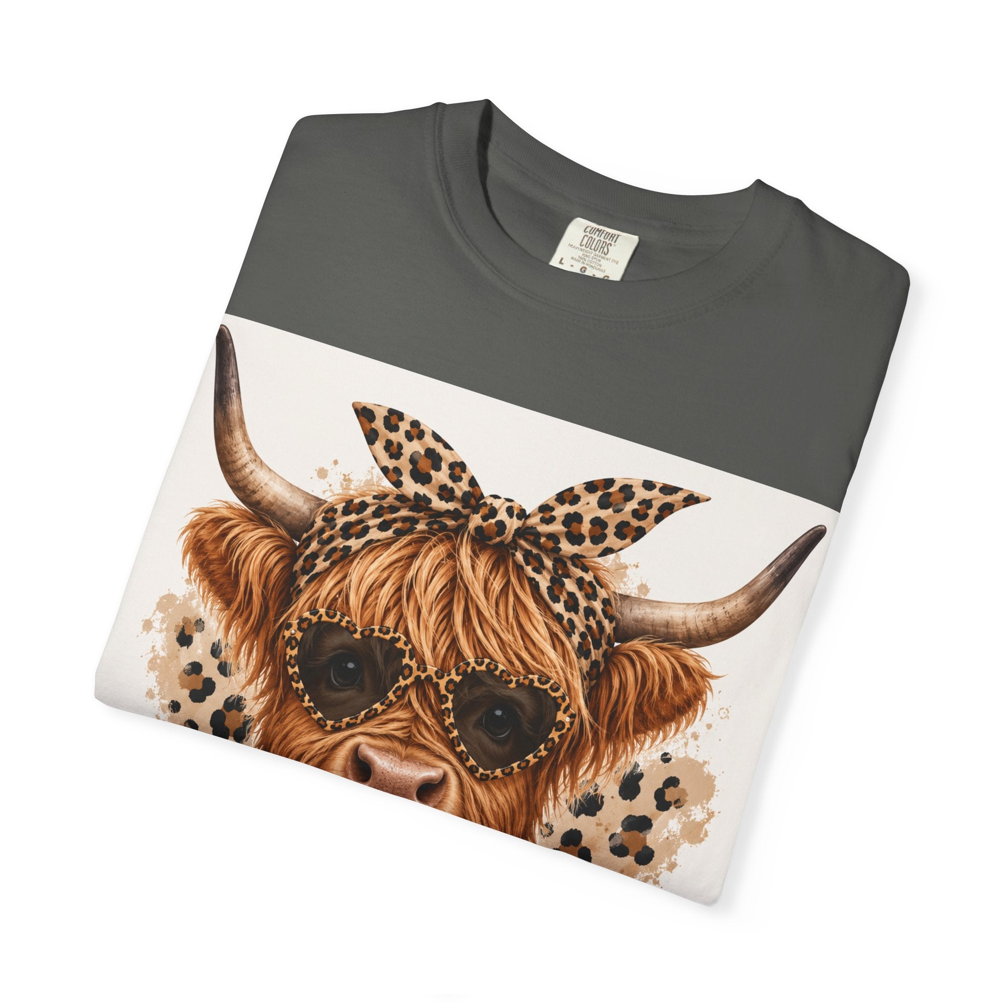 Highland Cow Graphic T-Shirt — Leopard Bandana & Heart Design