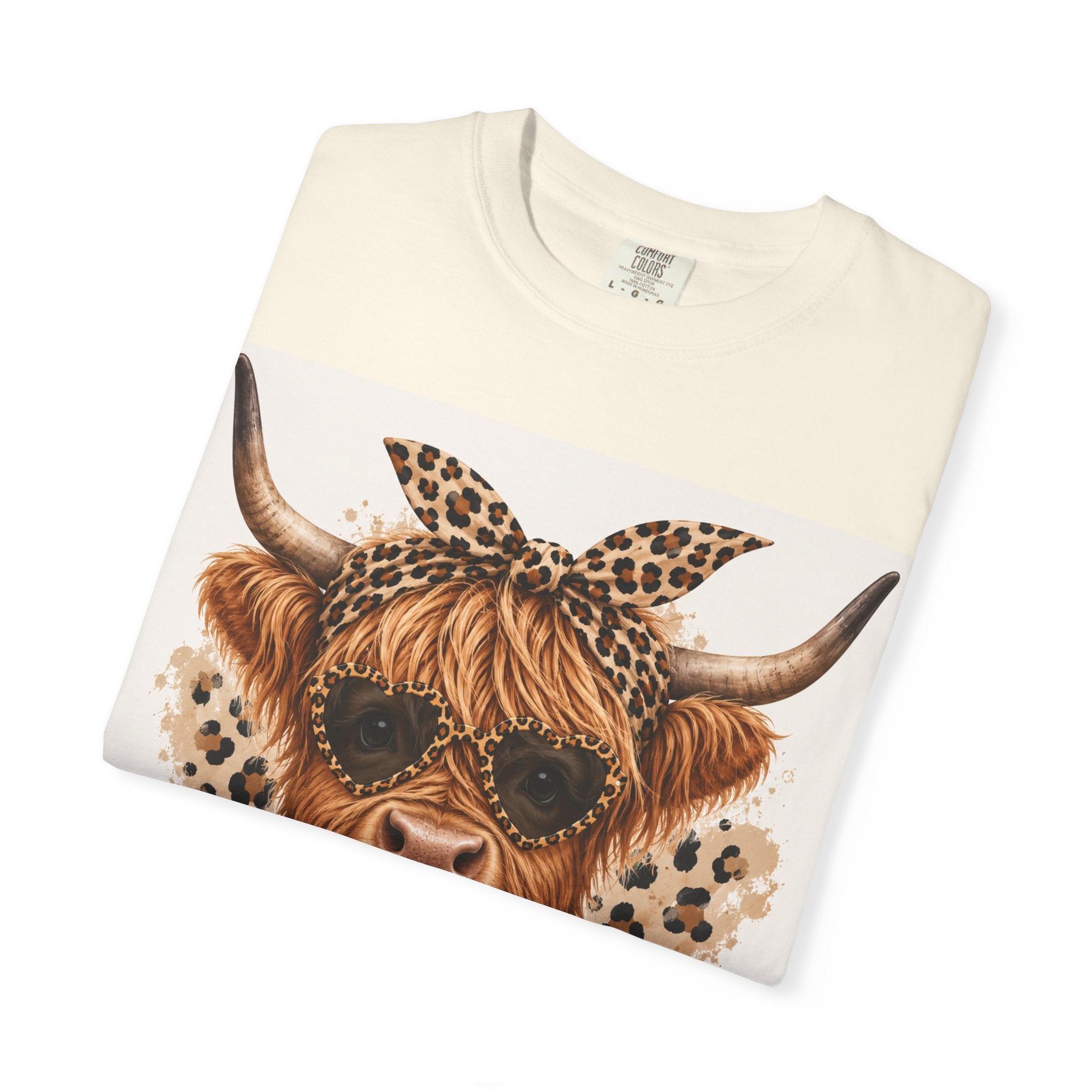 Highland Cow Graphic T-Shirt — Leopard Bandana & Heart Design