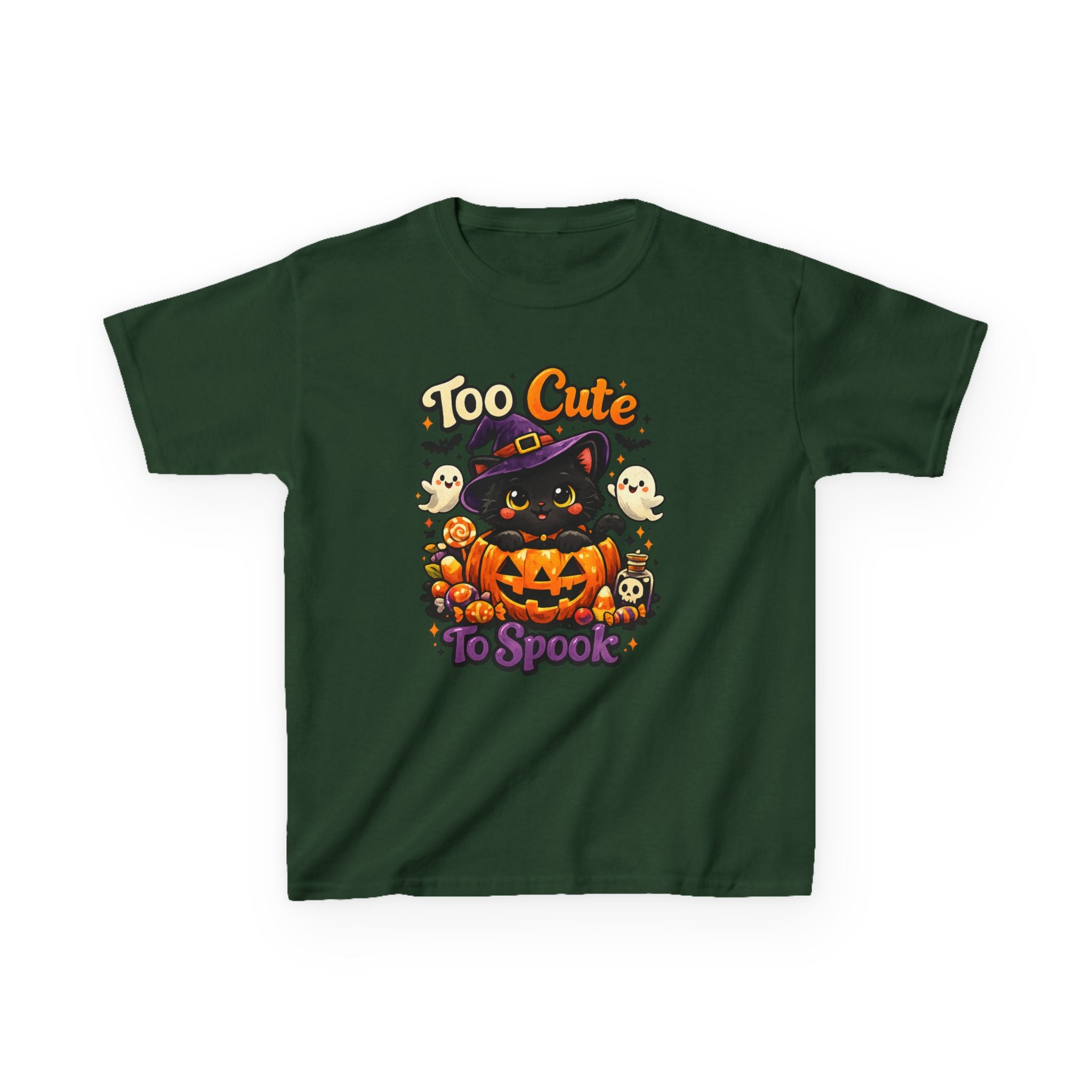 Kids Halloween Tee — "Too Cute to Spook" Black Cat Pumpkin Shirt