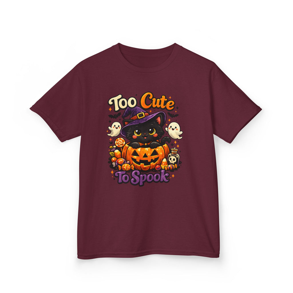 Kids Halloween Tee — "Too Cute to Spook" Black Cat Pumpkin Shirt