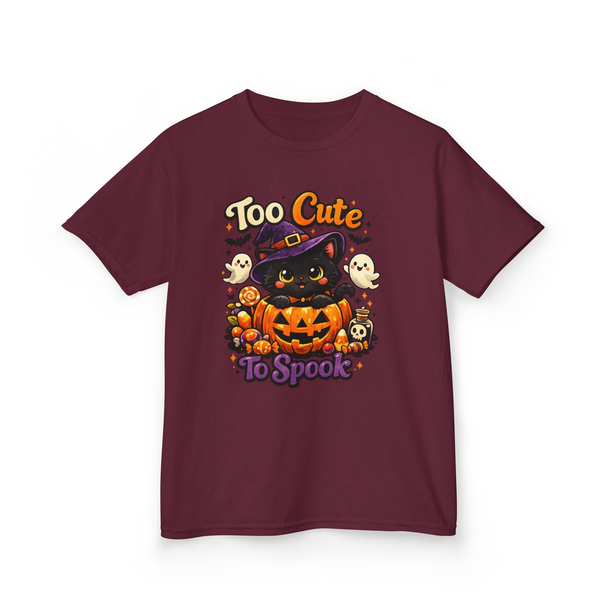 Kids Halloween Tee — "Too Cute to Spook" Black Cat Pumpkin Shirt