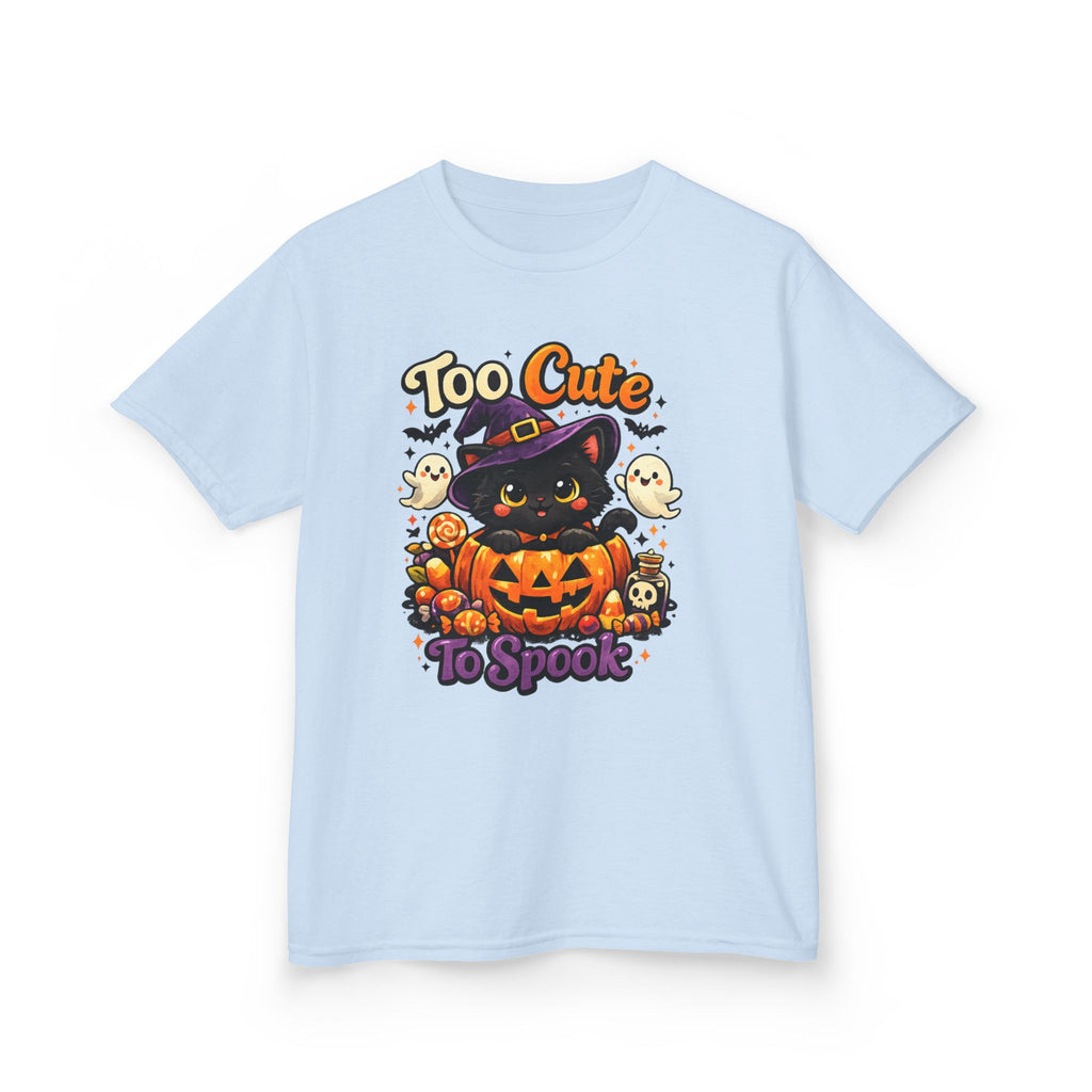 Kids Halloween Tee — "Too Cute to Spook" Black Cat Pumpkin Shirt