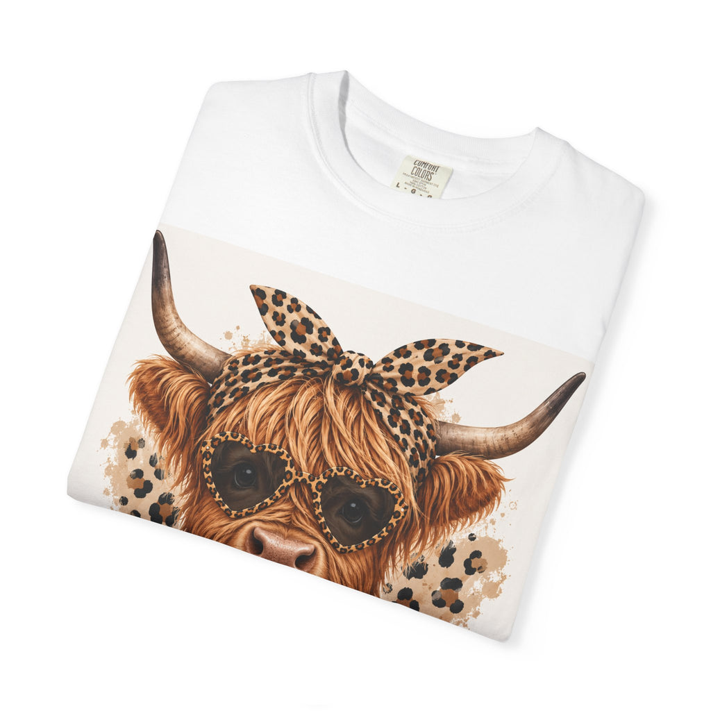 Highland Cow Graphic T-Shirt — Leopard Bandana & Heart Design