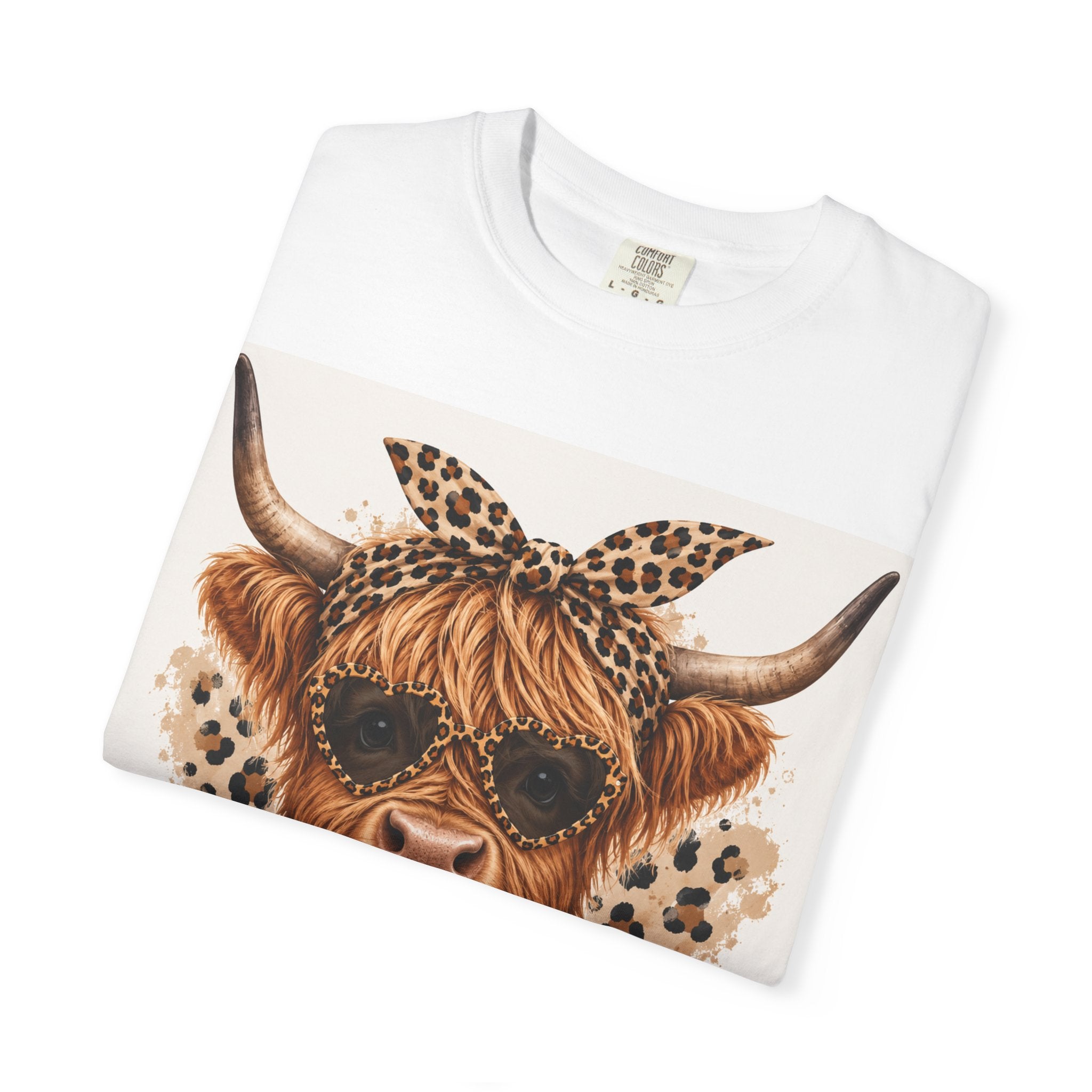 Highland Cow Graphic T-Shirt — Leopard Bandana & Heart Design