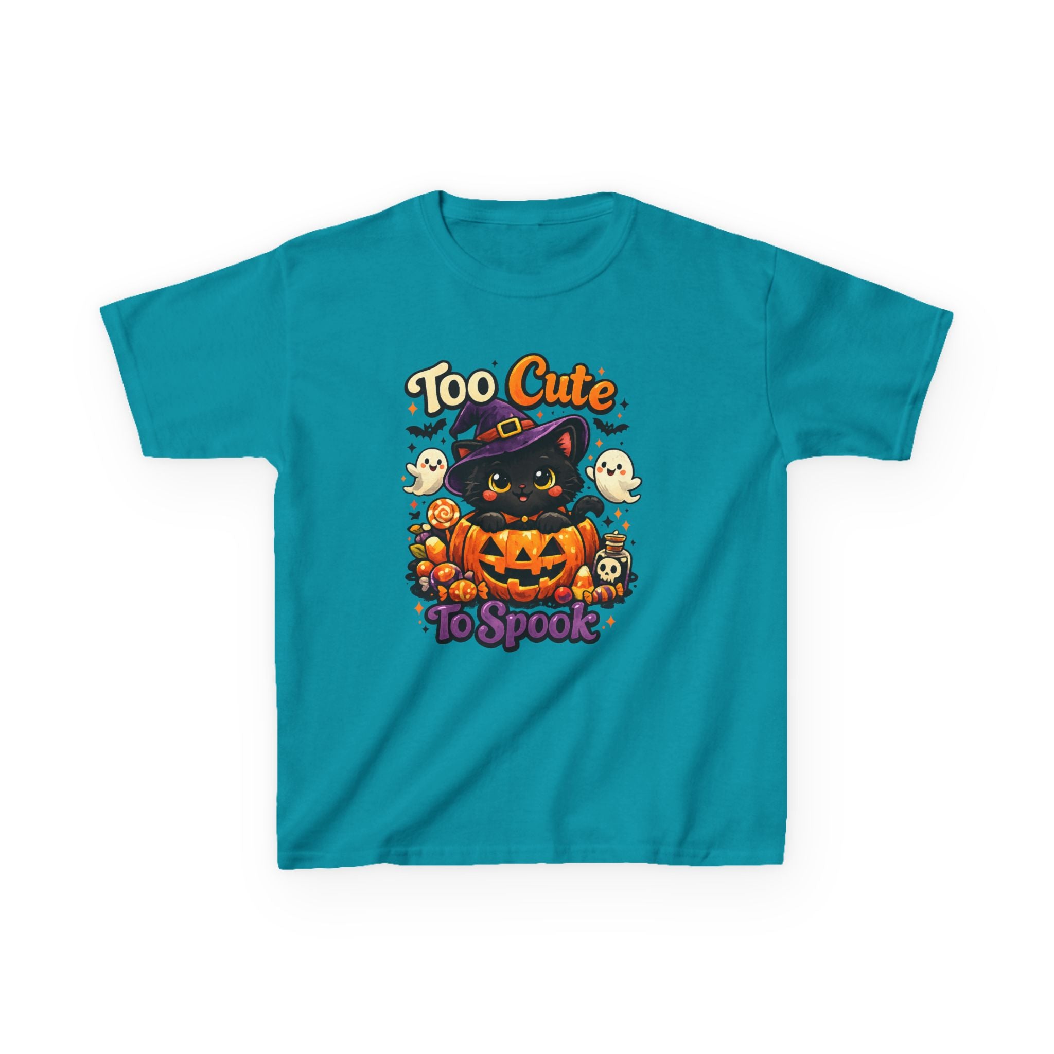 Kids Halloween Tee — "Too Cute to Spook" Black Cat Pumpkin Shirt