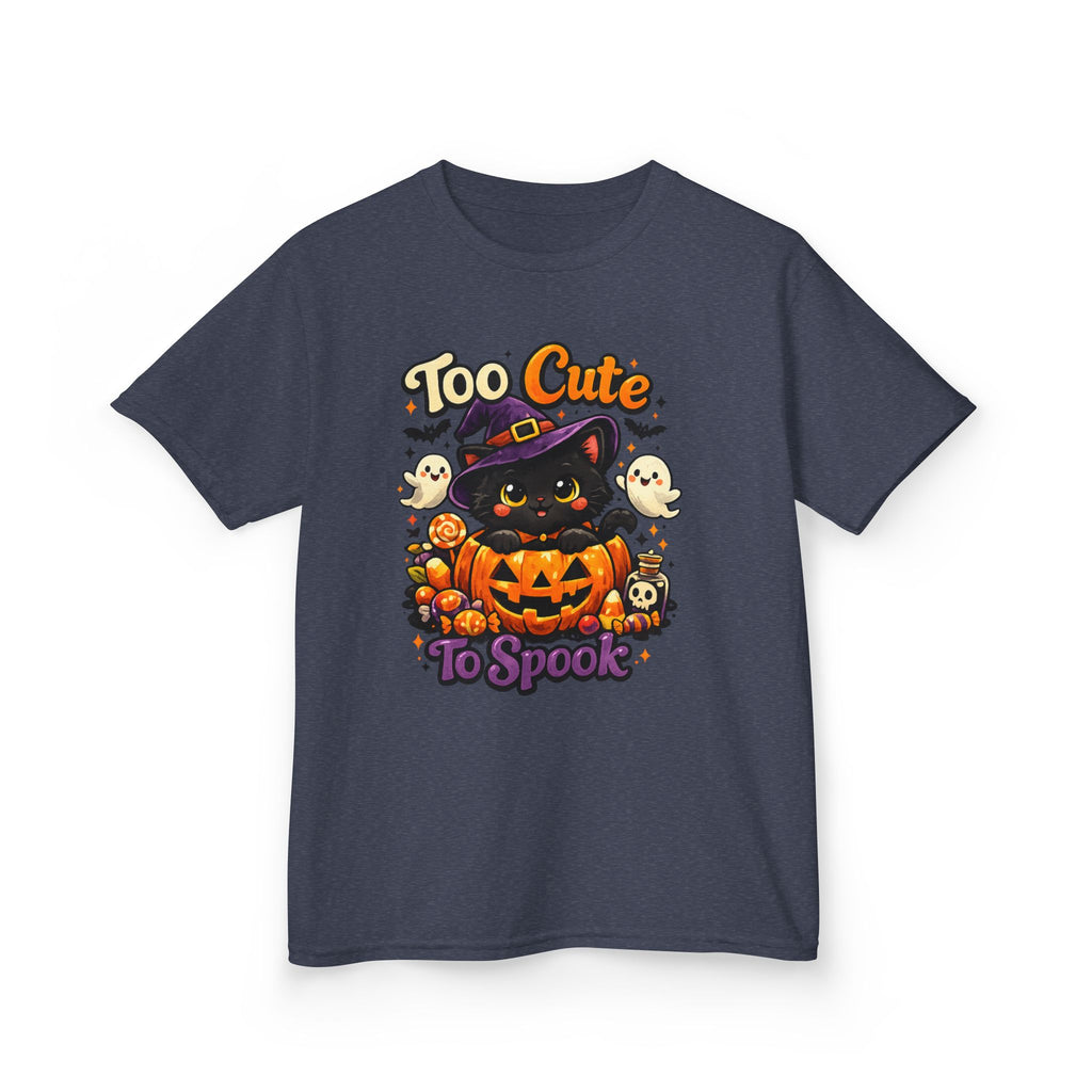 Kids Halloween Tee — "Too Cute to Spook" Black Cat Pumpkin Shirt