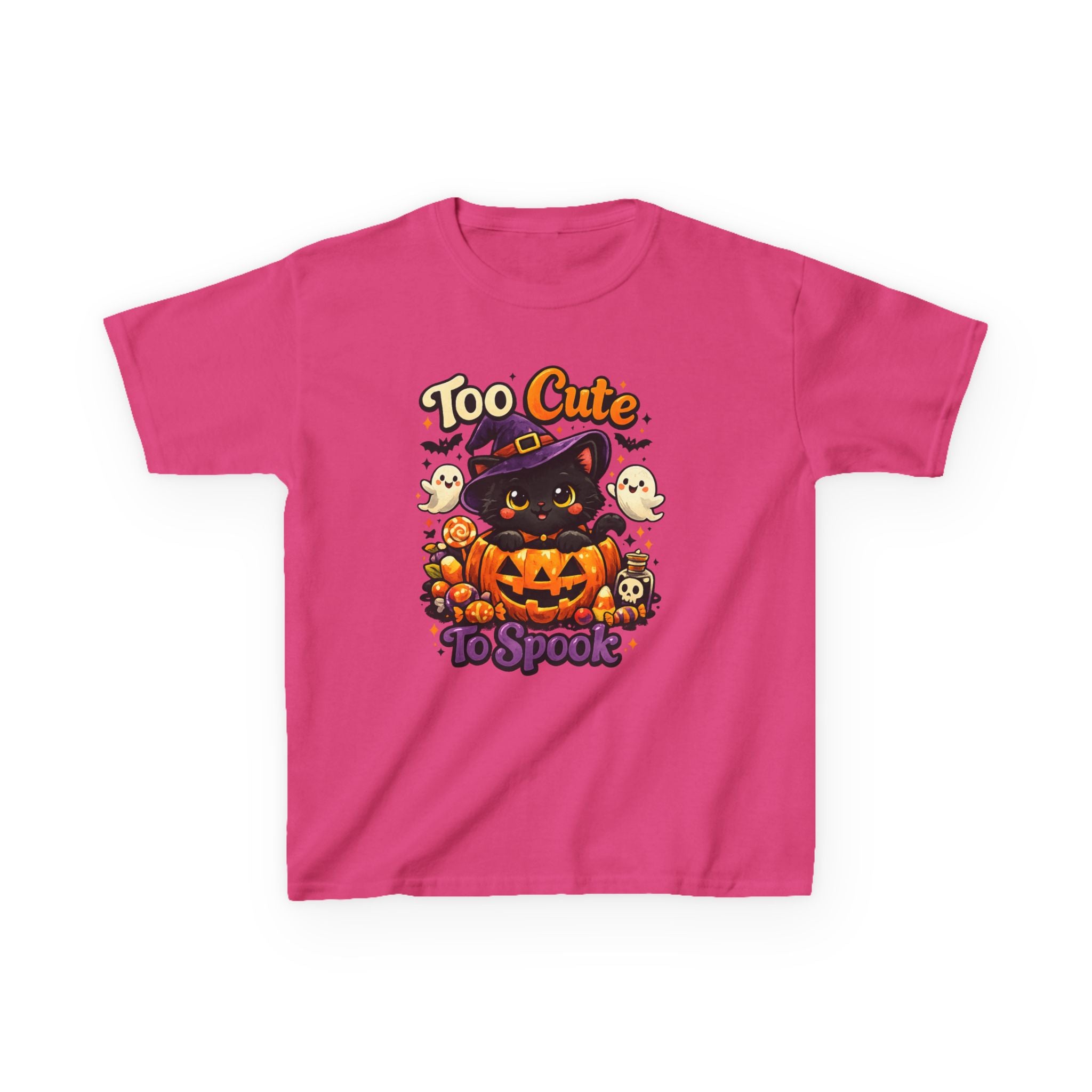 Kids Halloween Tee — "Too Cute to Spook" Black Cat Pumpkin Shirt