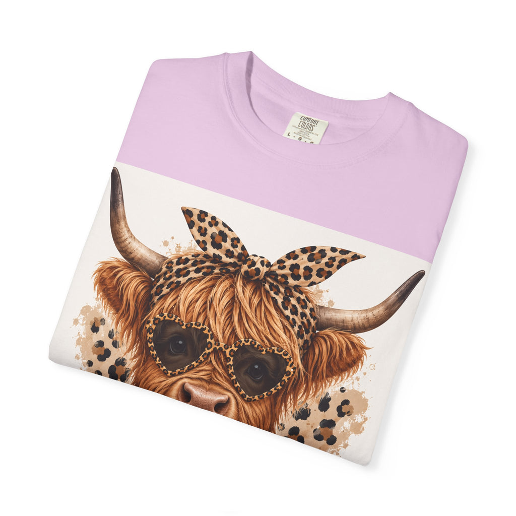 Highland Cow Graphic T-Shirt — Leopard Bandana & Heart Design