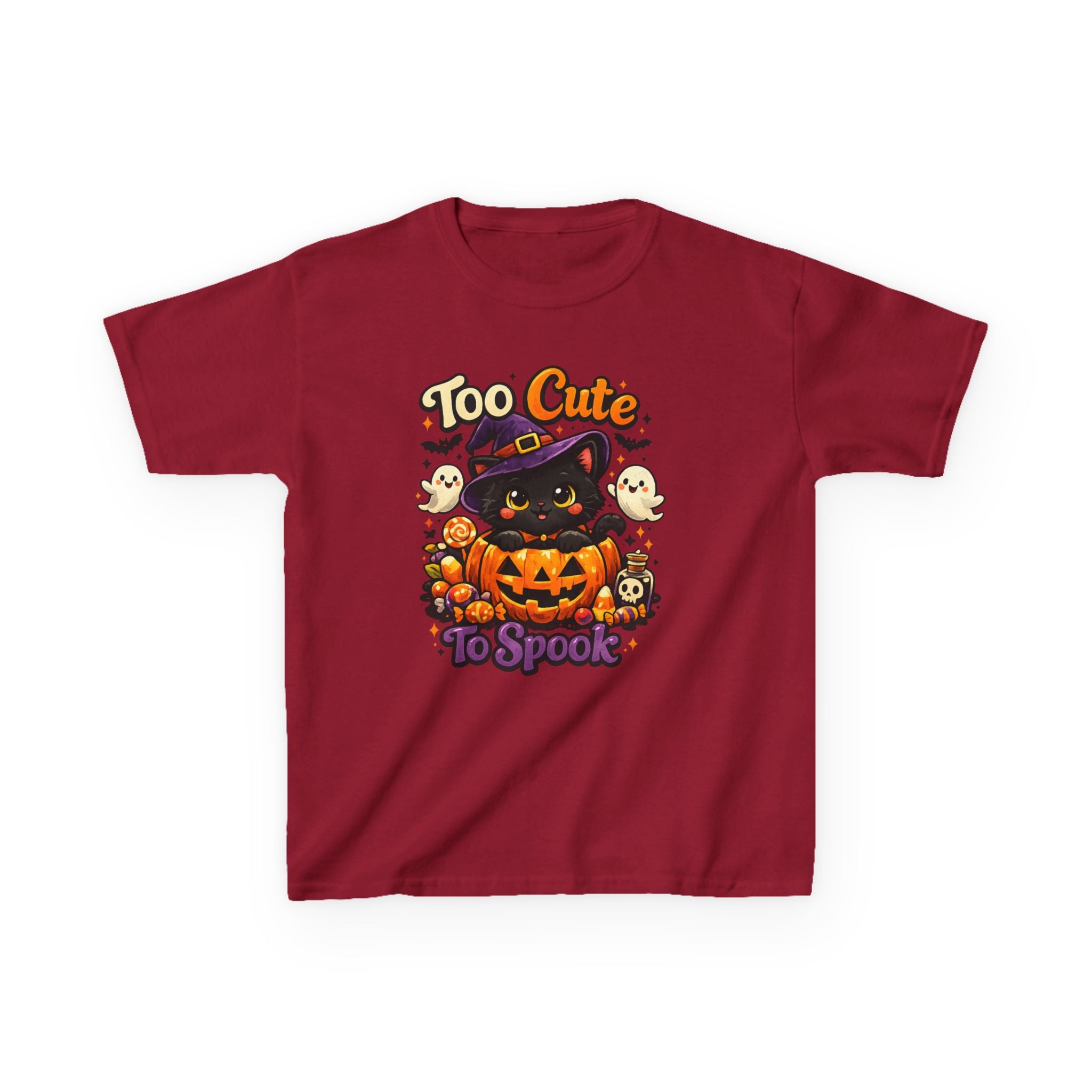 Kids Halloween Tee — "Too Cute to Spook" Black Cat Pumpkin Shirt