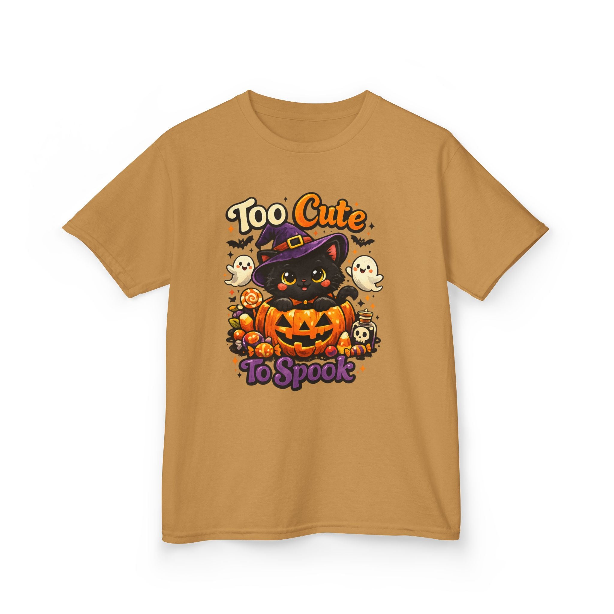 Kids Halloween Tee — "Too Cute to Spook" Black Cat Pumpkin Shirt