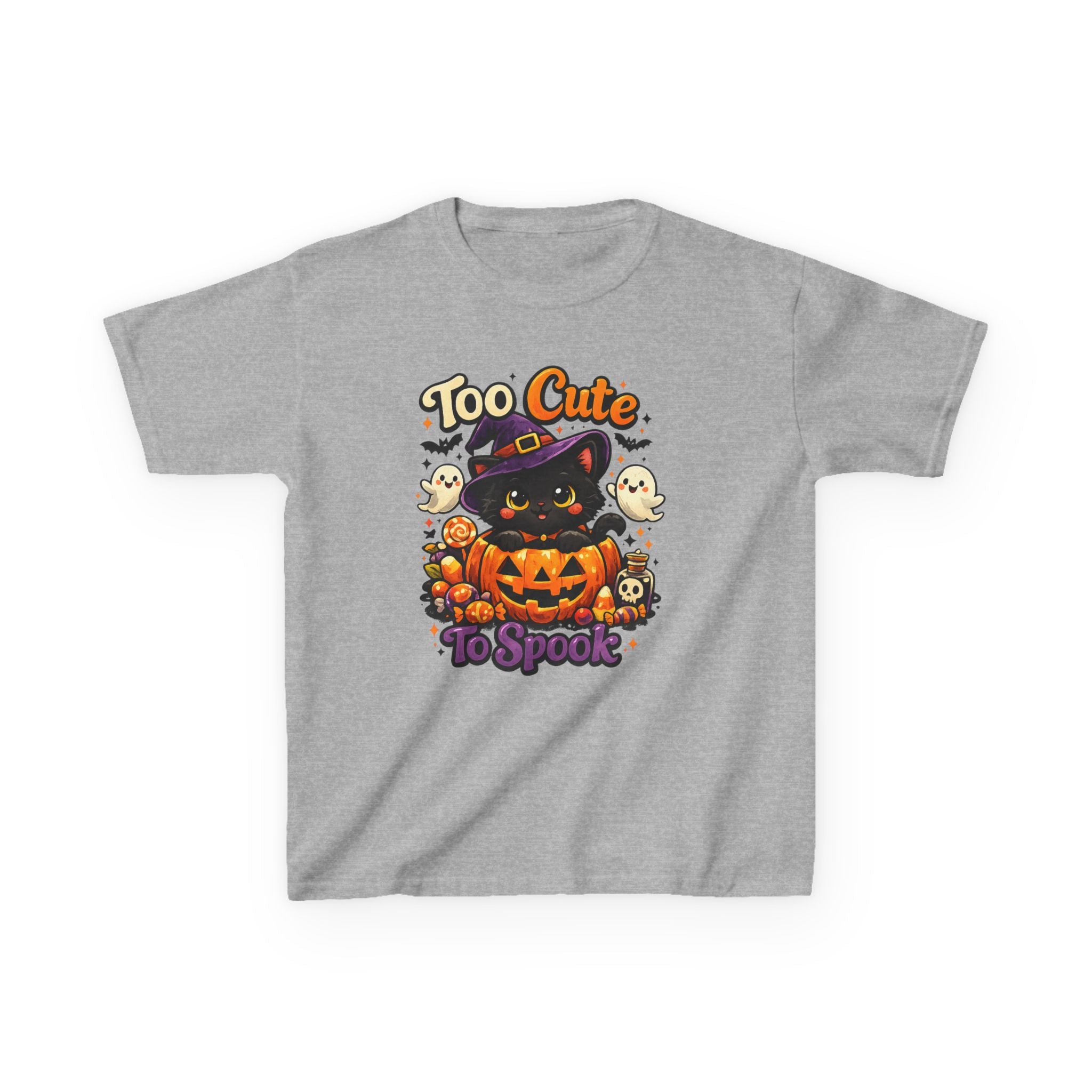 Kids Halloween Tee — "Too Cute to Spook" Black Cat Pumpkin Shirt