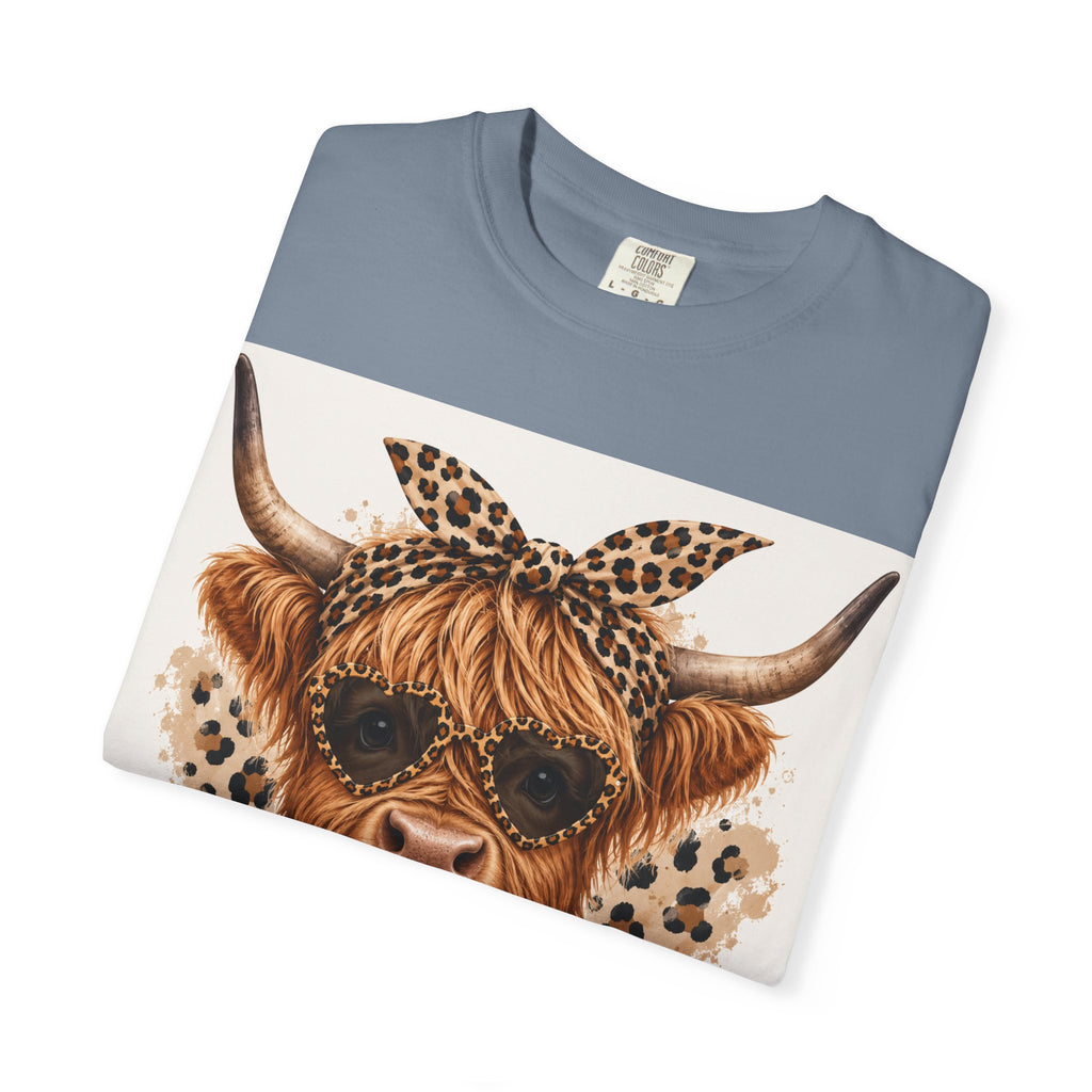 Highland Cow Graphic T-Shirt — Leopard Bandana & Heart Design