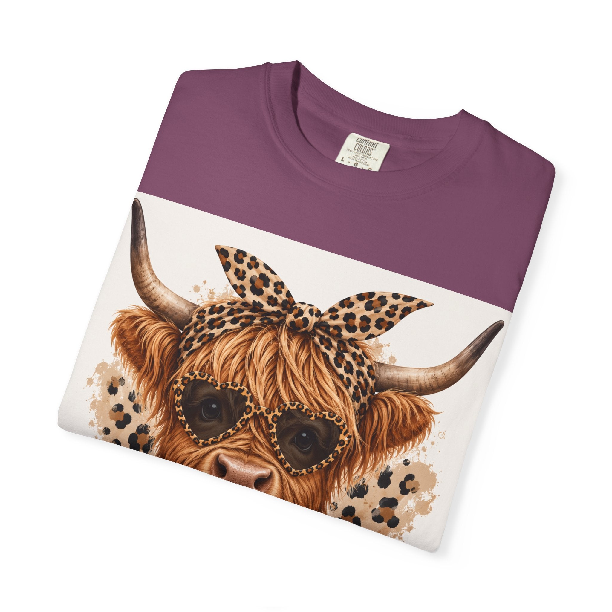 Highland Cow Graphic T-Shirt — Leopard Bandana & Heart Design