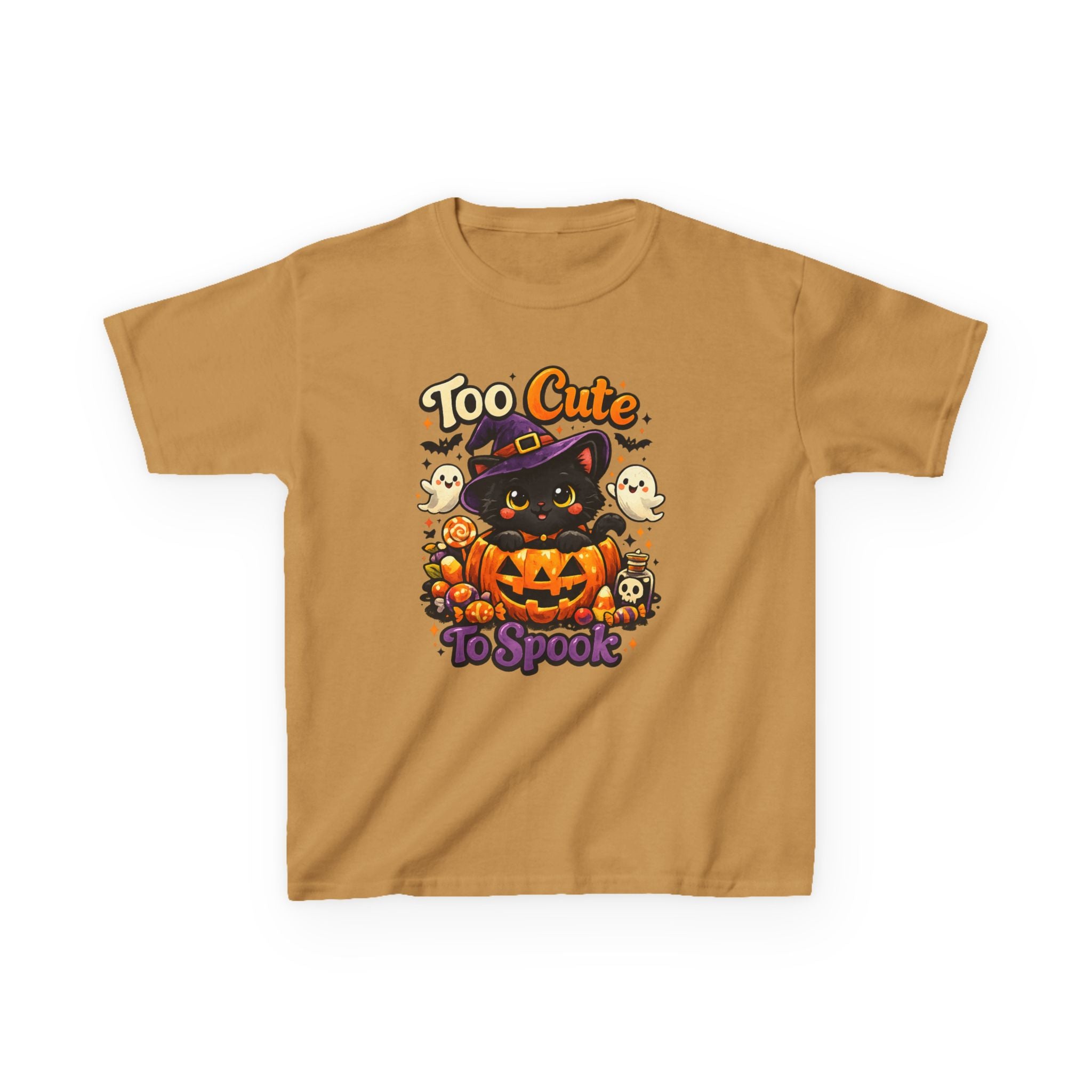 Kids Halloween Tee — "Too Cute to Spook" Black Cat Pumpkin Shirt