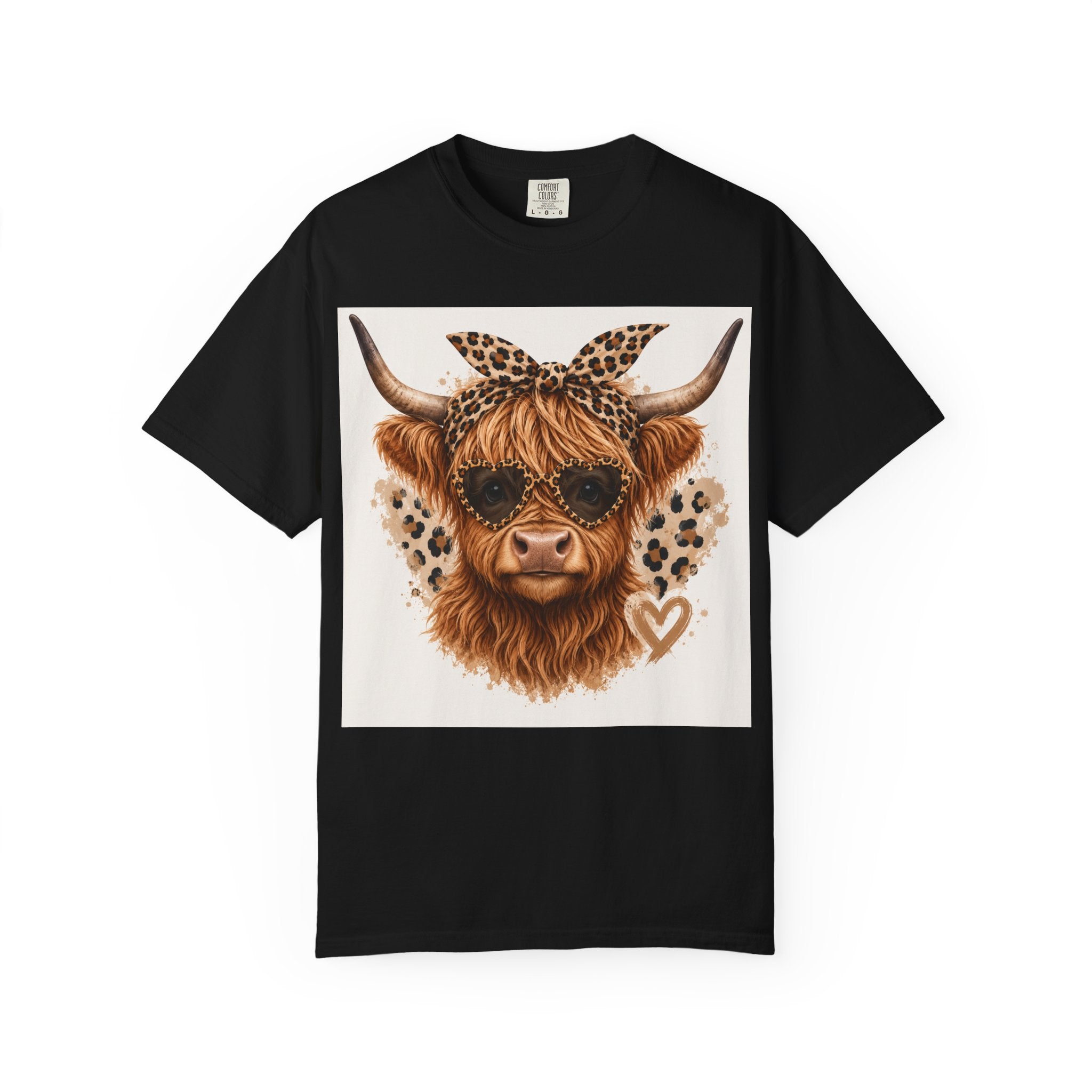 Highland Cow Graphic T-Shirt — Leopard Bandana & Heart Design