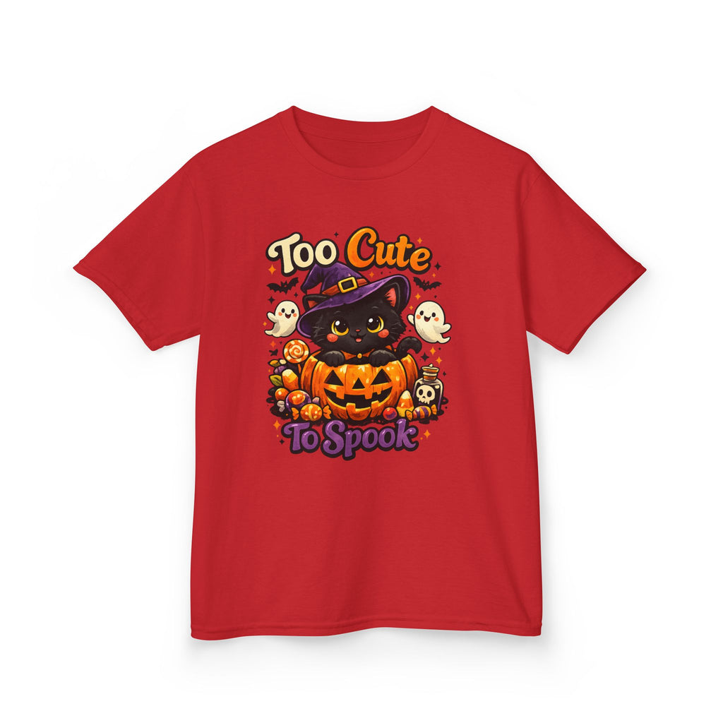 Kids Halloween Tee — "Too Cute to Spook" Black Cat Pumpkin Shirt