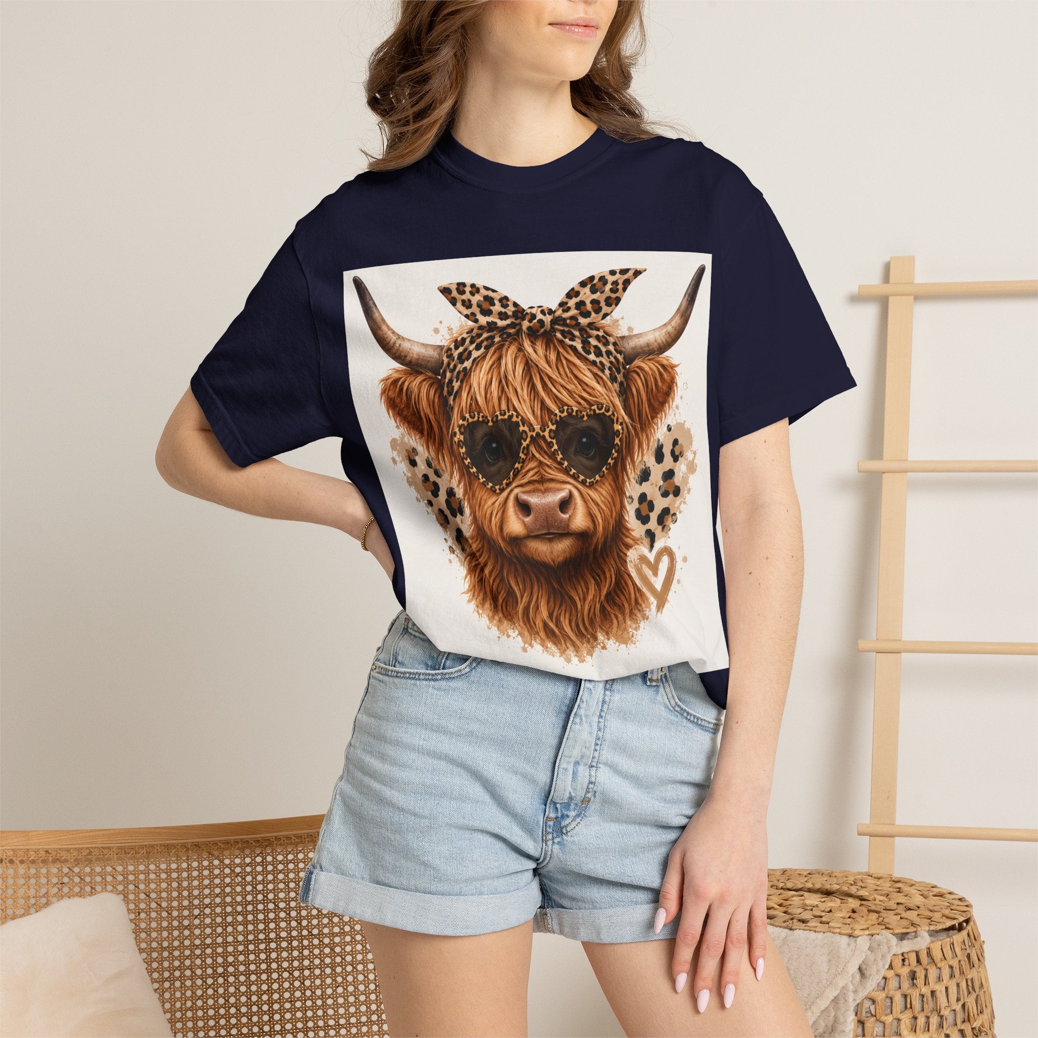 Highland Cow Graphic T-Shirt — Leopard Bandana & Heart Design