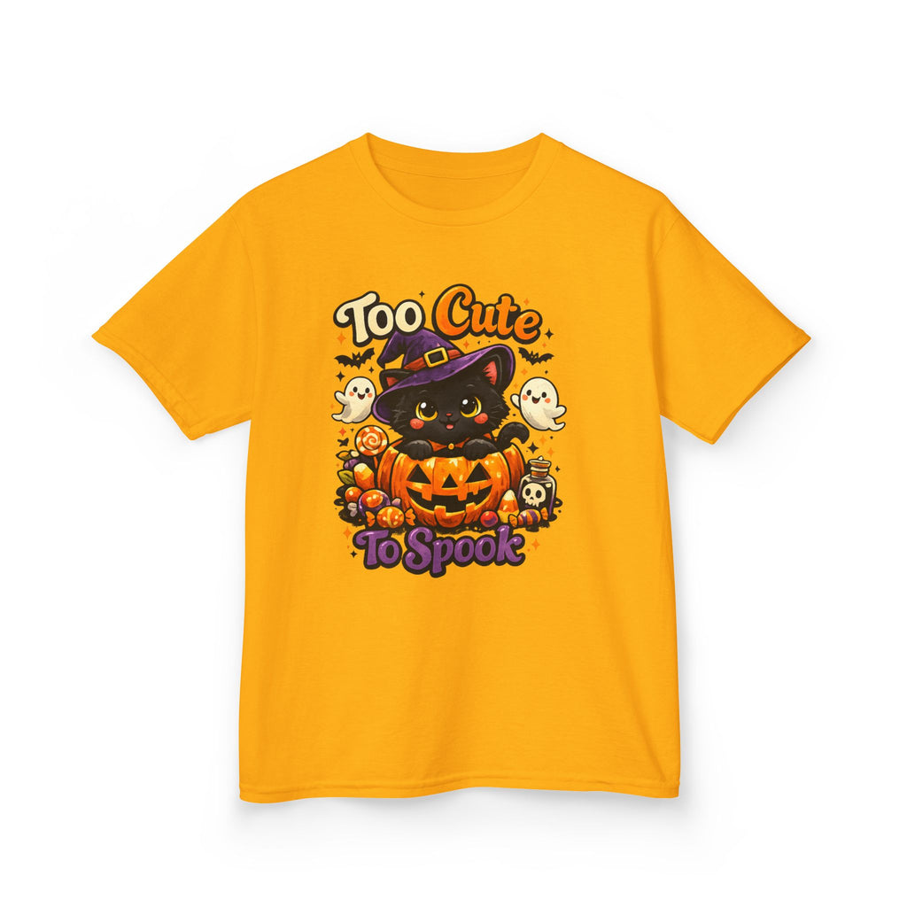 Kids Halloween Tee — "Too Cute to Spook" Black Cat Pumpkin Shirt