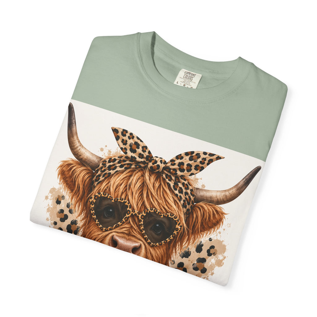 Highland Cow Graphic T-Shirt — Leopard Bandana & Heart Design
