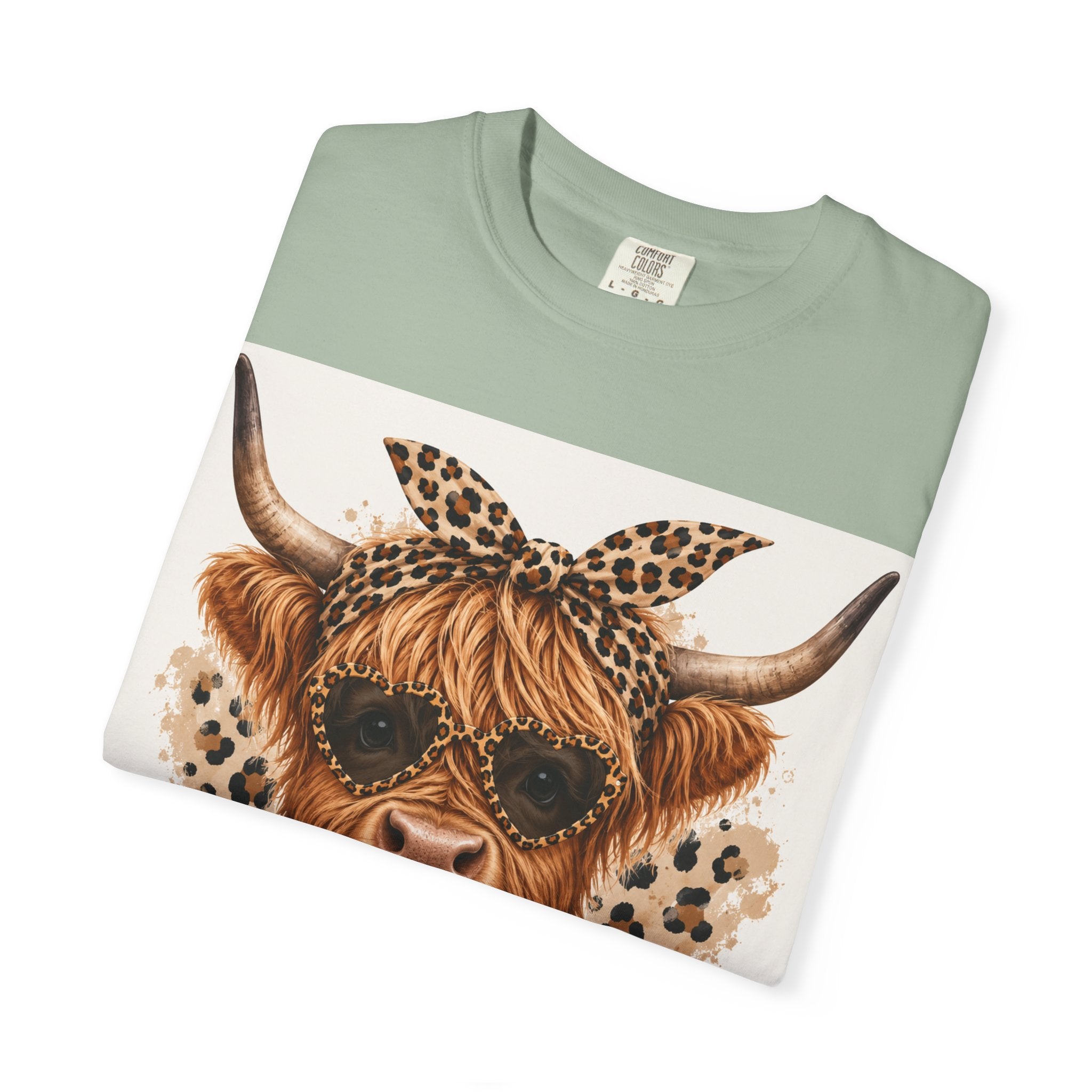 Highland Cow Graphic T-Shirt — Leopard Bandana & Heart Design