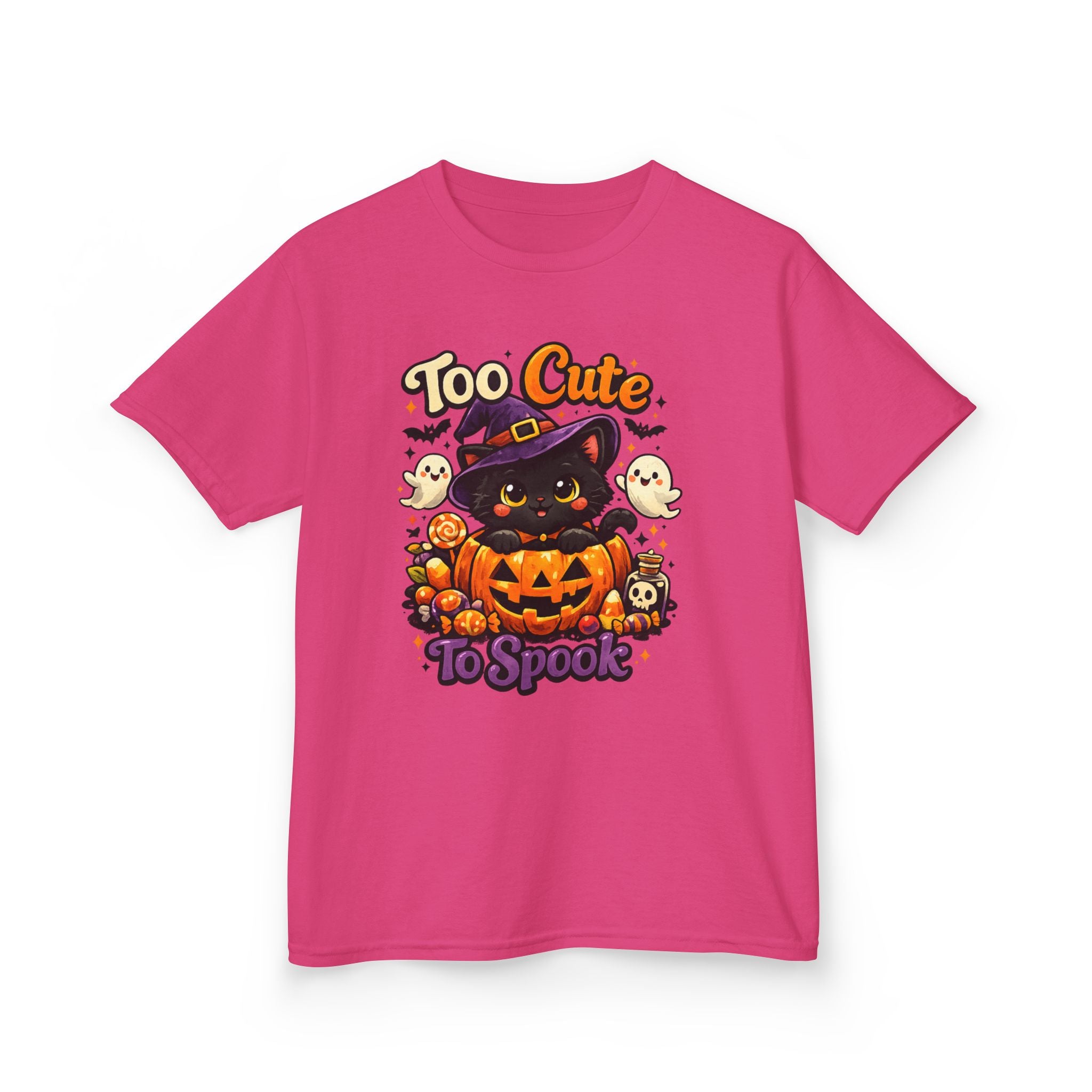 Kids Halloween Tee — "Too Cute to Spook" Black Cat Pumpkin Shirt