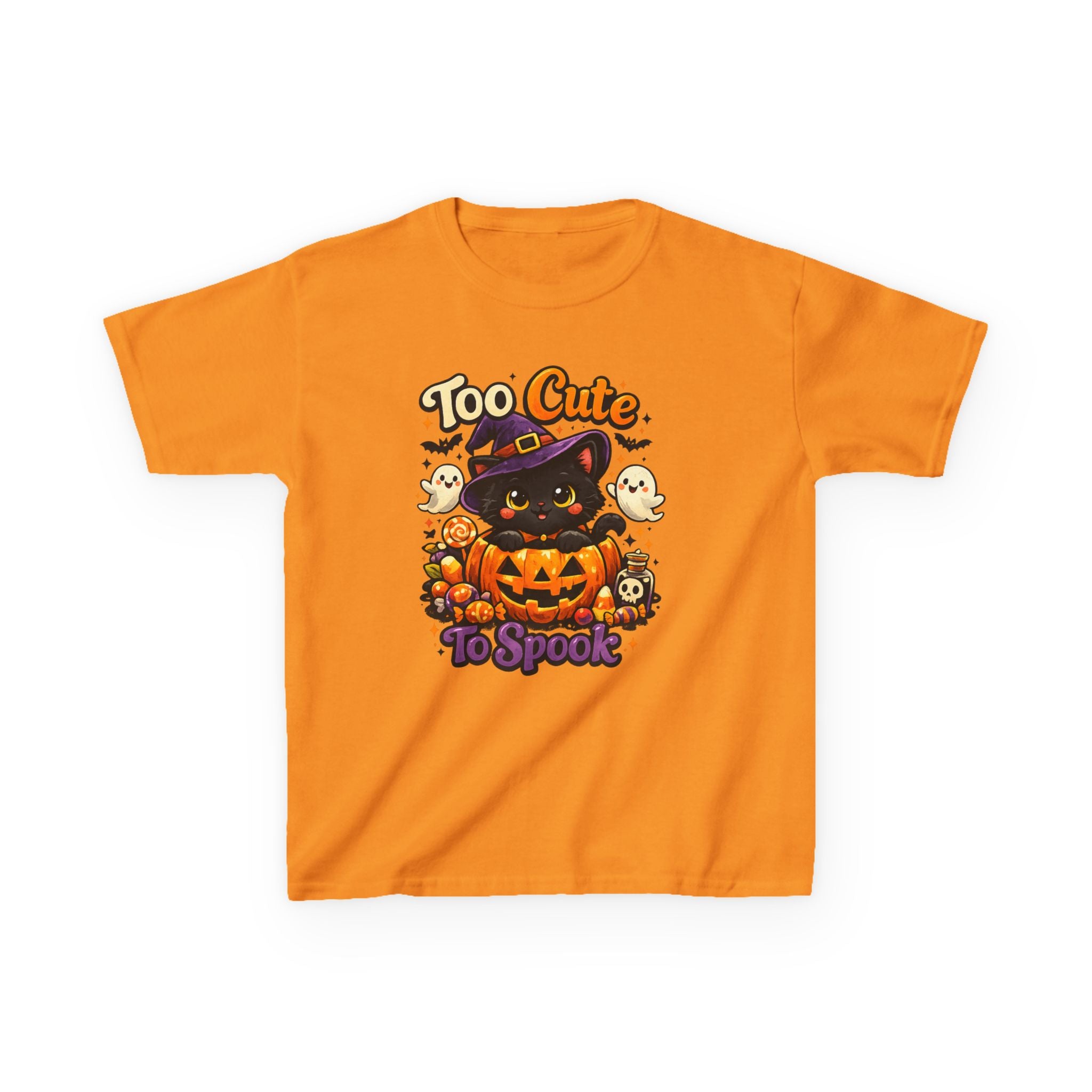 Kids Halloween Tee — "Too Cute to Spook" Black Cat Pumpkin Shirt