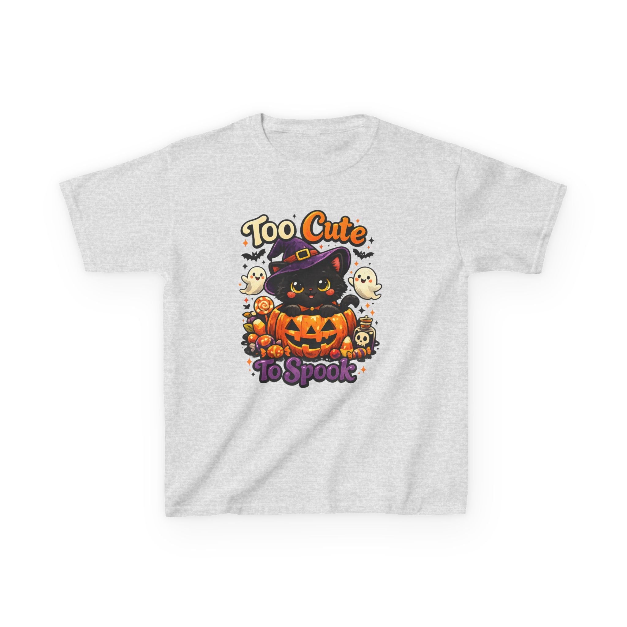 Kids Halloween Tee — "Too Cute to Spook" Black Cat Pumpkin Shirt