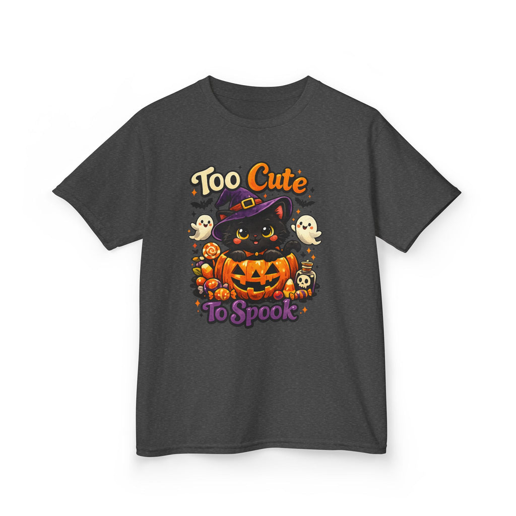 Kids Halloween Tee — "Too Cute to Spook" Black Cat Pumpkin Shirt
