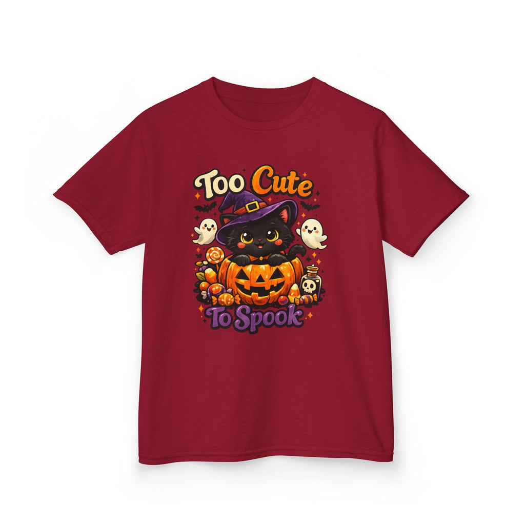 Kids Halloween Tee — "Too Cute to Spook" Black Cat Pumpkin Shirt
