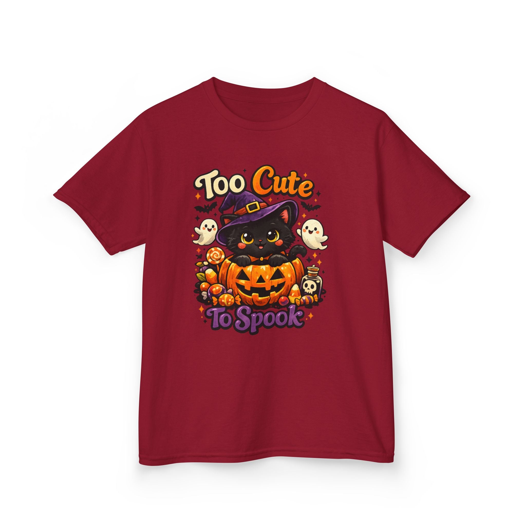 Kids Halloween Tee — "Too Cute to Spook" Black Cat Pumpkin Shirt