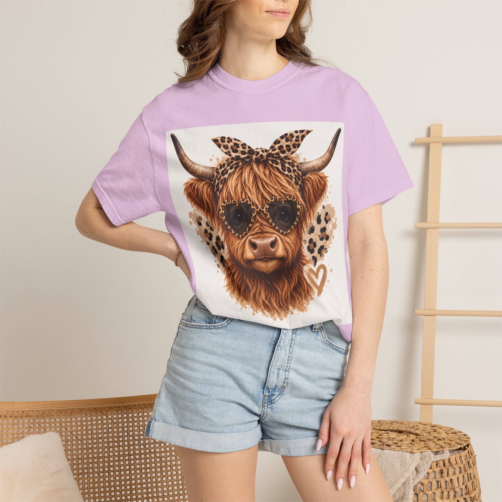 Highland Cow Graphic T-Shirt — Leopard Bandana & Heart Design