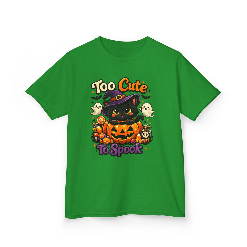 Kids Halloween Tee — "Too Cute to Spook" Black Cat Pumpkin Shirt