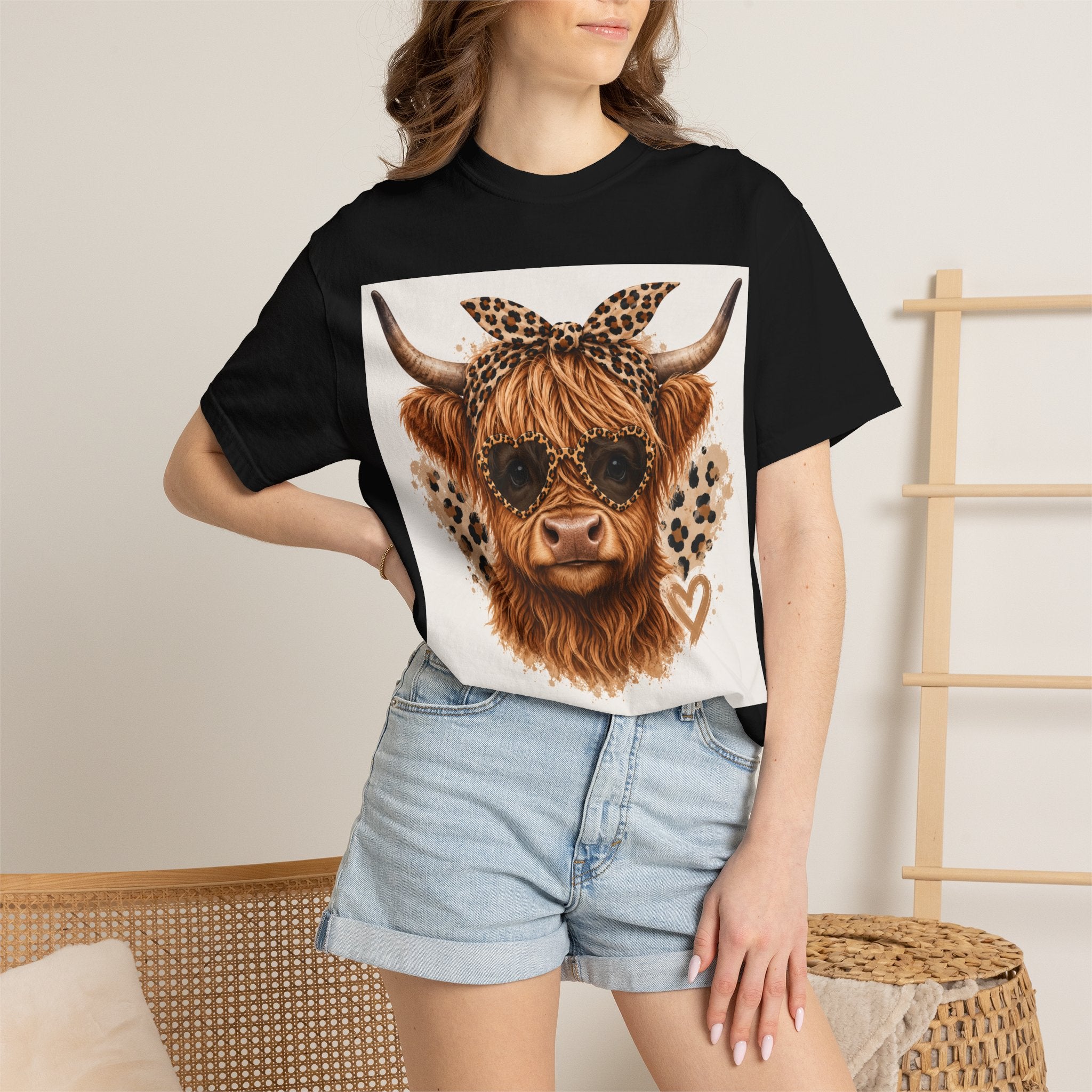 Highland Cow Graphic T-Shirt — Leopard Bandana & Heart Design