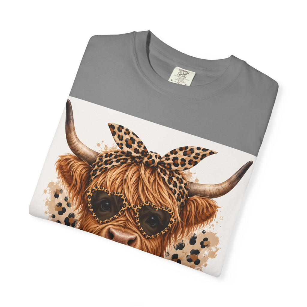 Highland Cow Graphic T-Shirt — Leopard Bandana & Heart Design