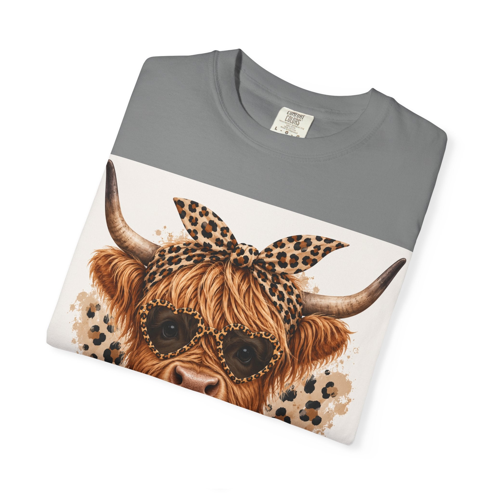 Highland Cow Graphic T-Shirt — Leopard Bandana & Heart Design