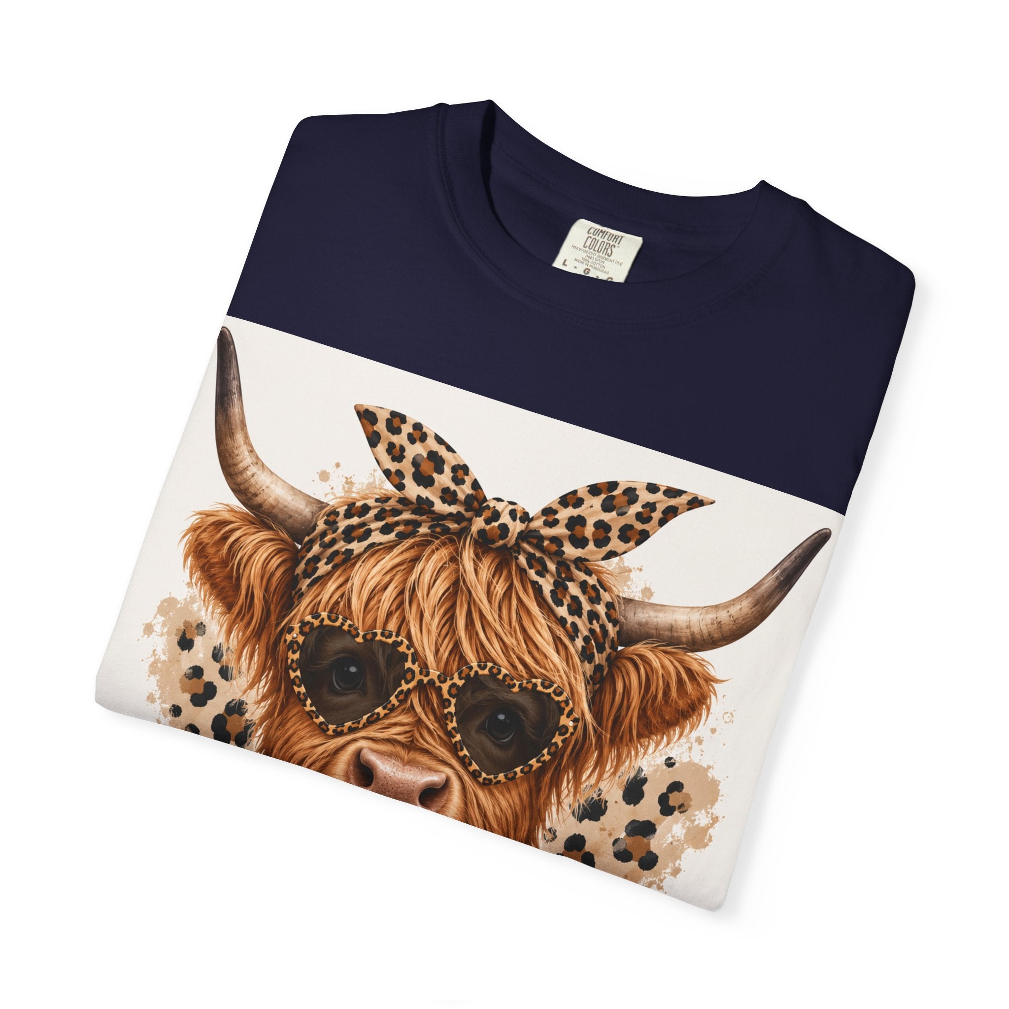 Highland Cow Graphic T-Shirt — Leopard Bandana & Heart Design