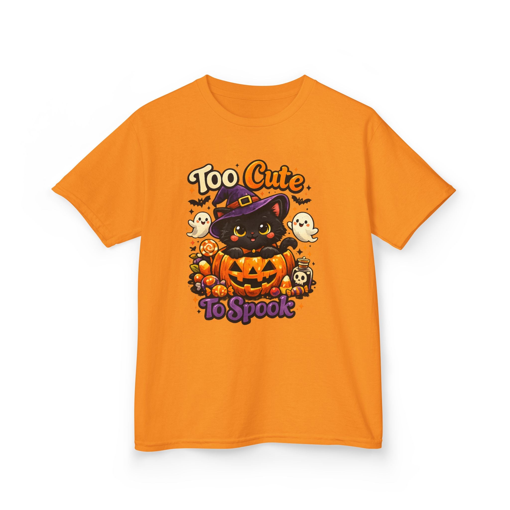 Kids Halloween Tee — "Too Cute to Spook" Black Cat Pumpkin Shirt