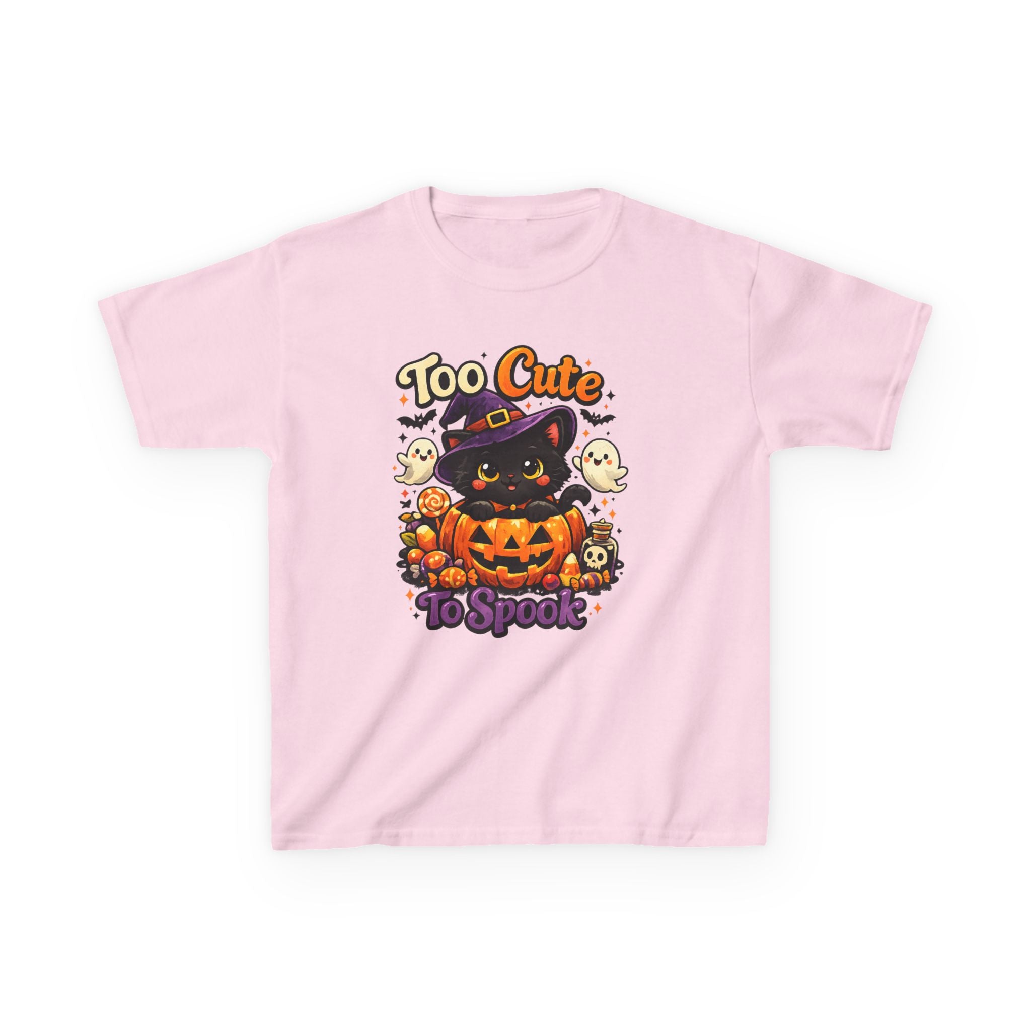 Kids Halloween Tee — "Too Cute to Spook" Black Cat Pumpkin Shirt