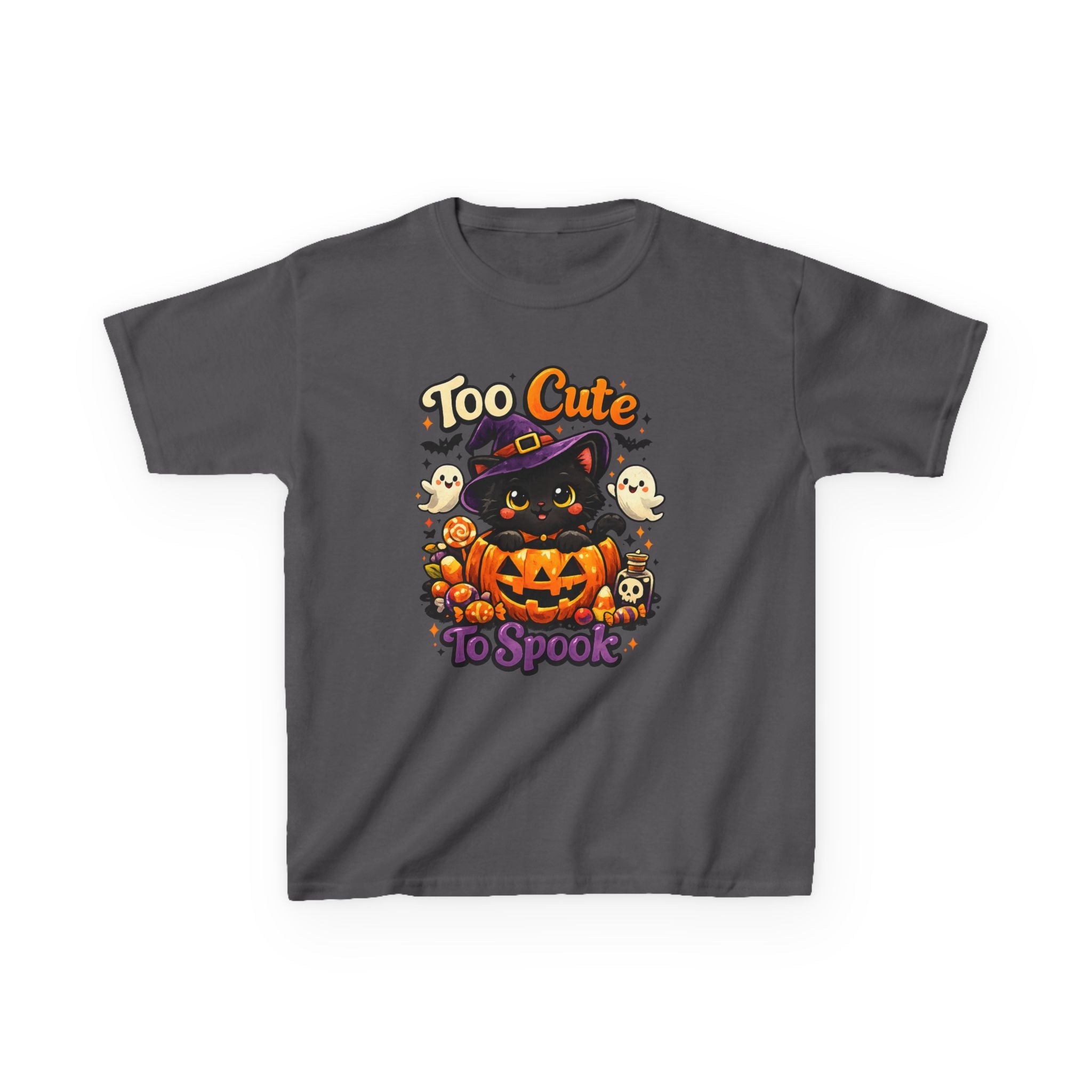 Kids Halloween Tee — "Too Cute to Spook" Black Cat Pumpkin Shirt