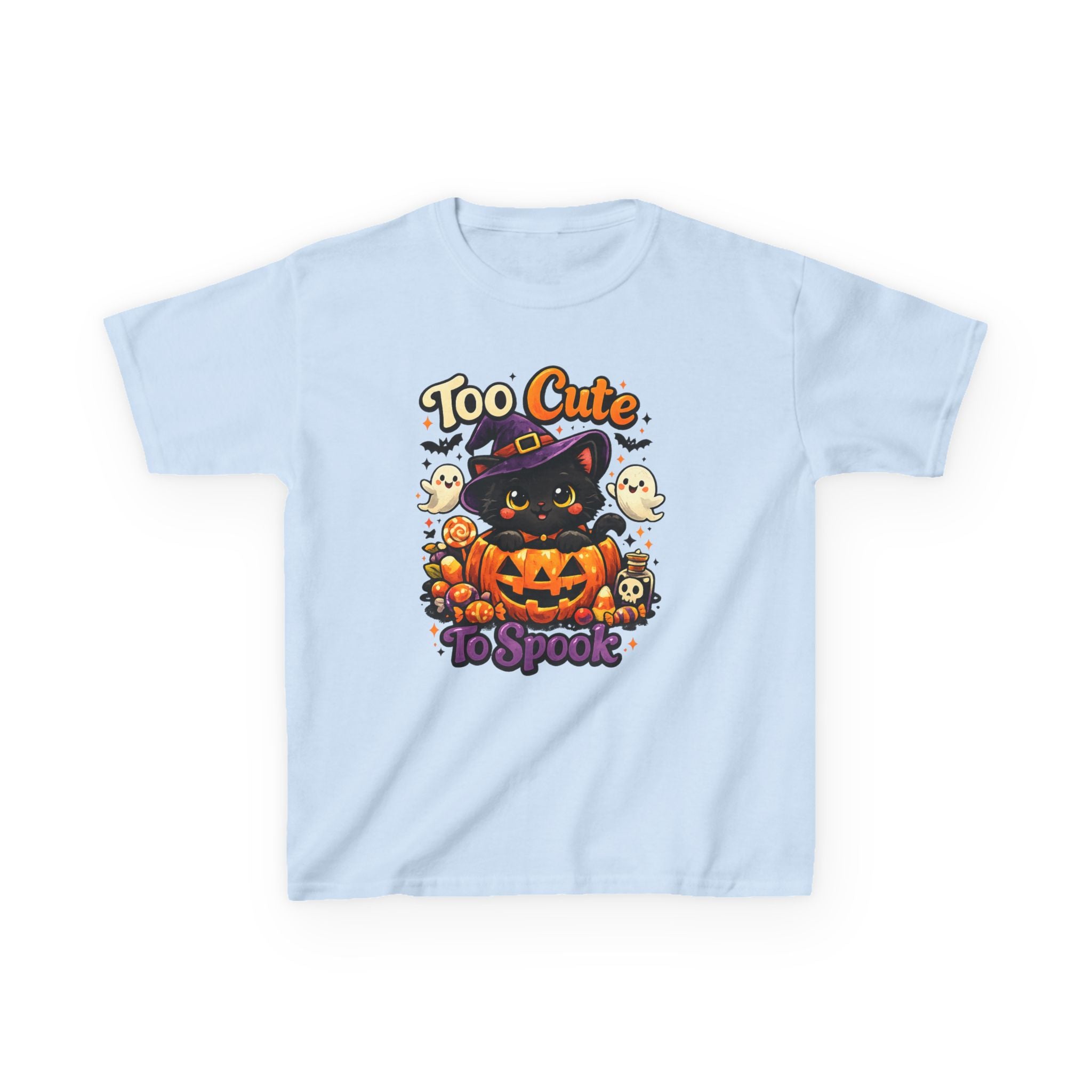 Kids Halloween Tee — "Too Cute to Spook" Black Cat Pumpkin Shirt