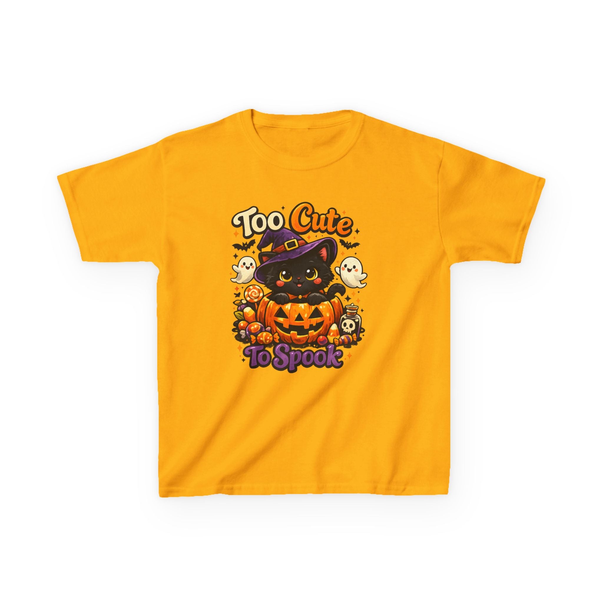 Kids Halloween Tee — "Too Cute to Spook" Black Cat Pumpkin Shirt