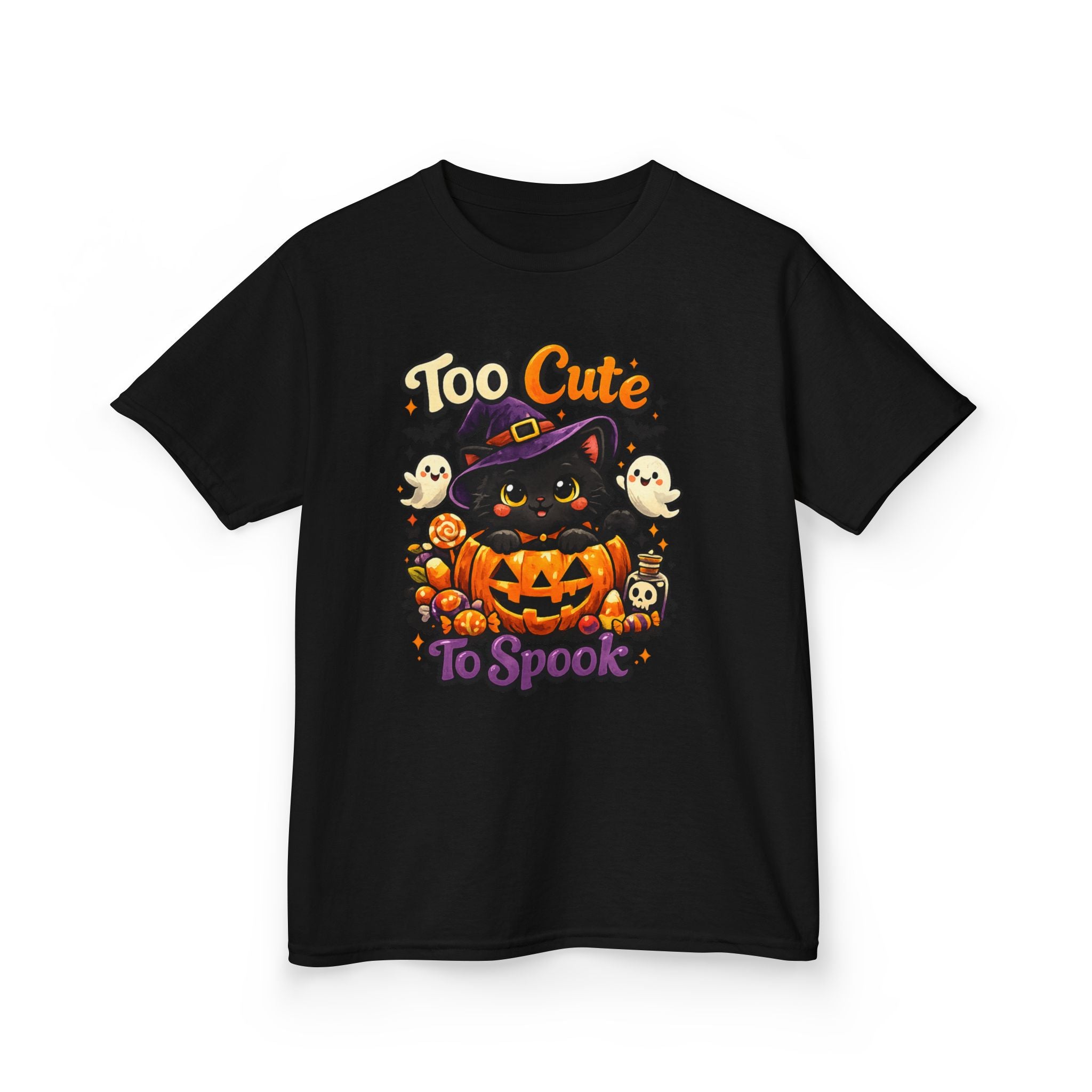 Kids Halloween Tee — "Too Cute to Spook" Black Cat Pumpkin Shirt