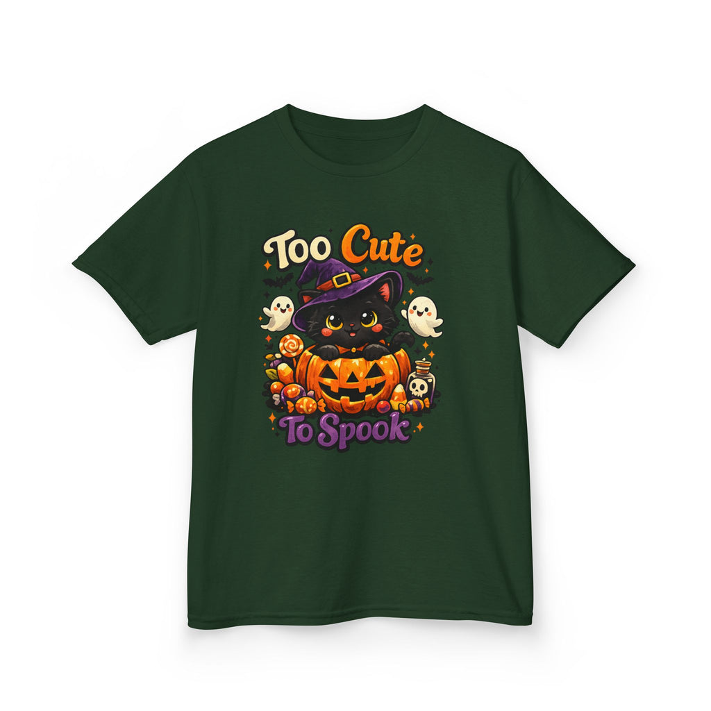 Kids Halloween Tee — "Too Cute to Spook" Black Cat Pumpkin Shirt