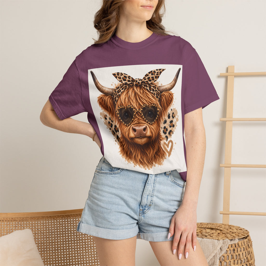 Highland Cow Graphic T-Shirt — Leopard Bandana & Heart Design