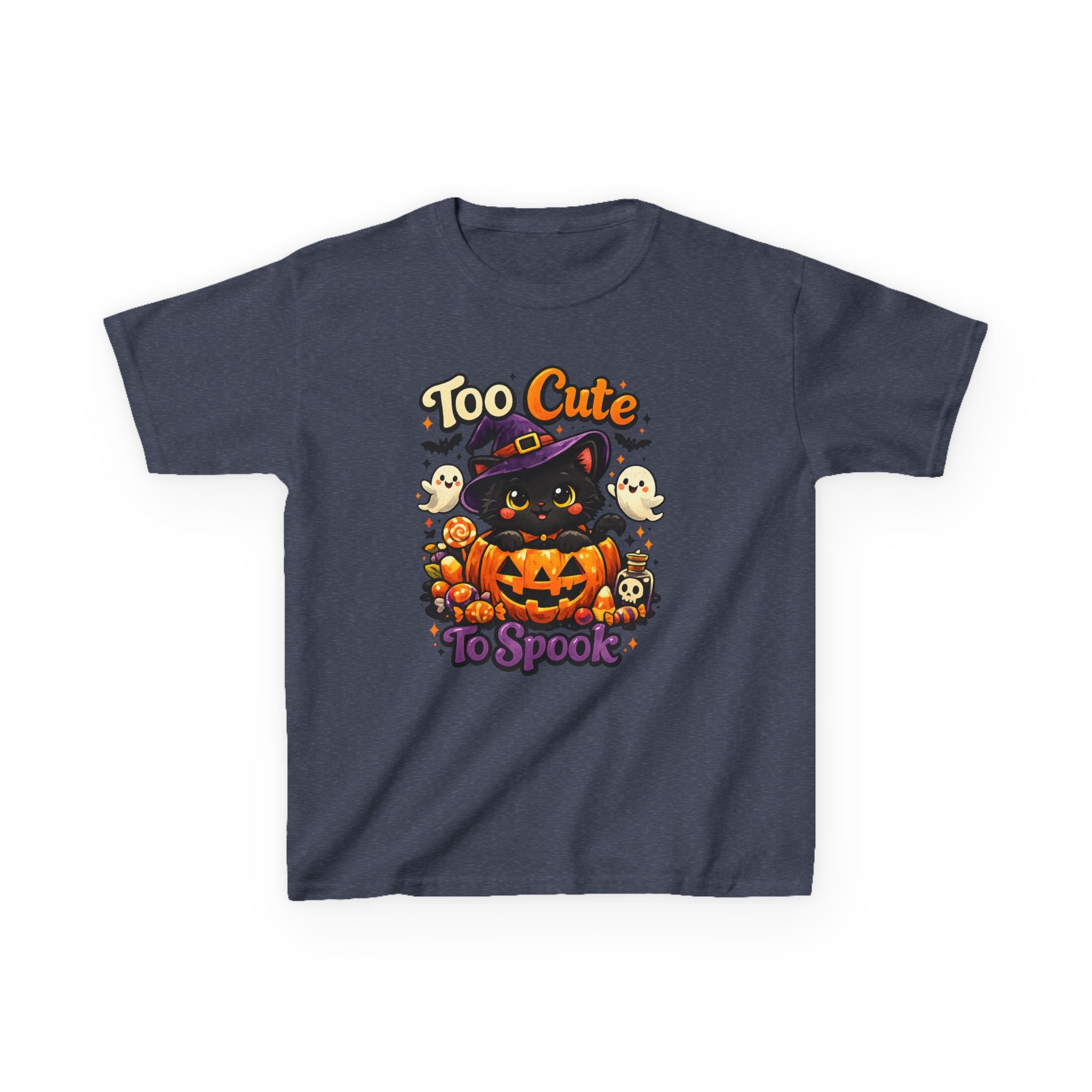 Kids Halloween Tee — "Too Cute to Spook" Black Cat Pumpkin Shirt