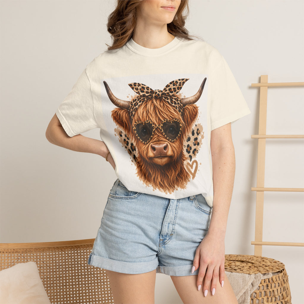 Highland Cow Graphic T-Shirt — Leopard Bandana & Heart Design